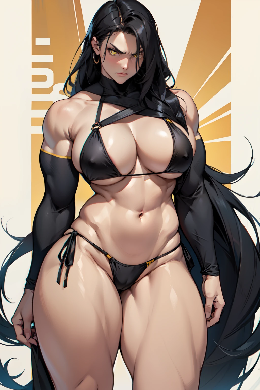 solo, 1 girl, (very long hair), black hair, angry, yellow eyes pale skin (string bikini) (wide hips thick thighs curvy muscular toned body bodybuilder huge tits)