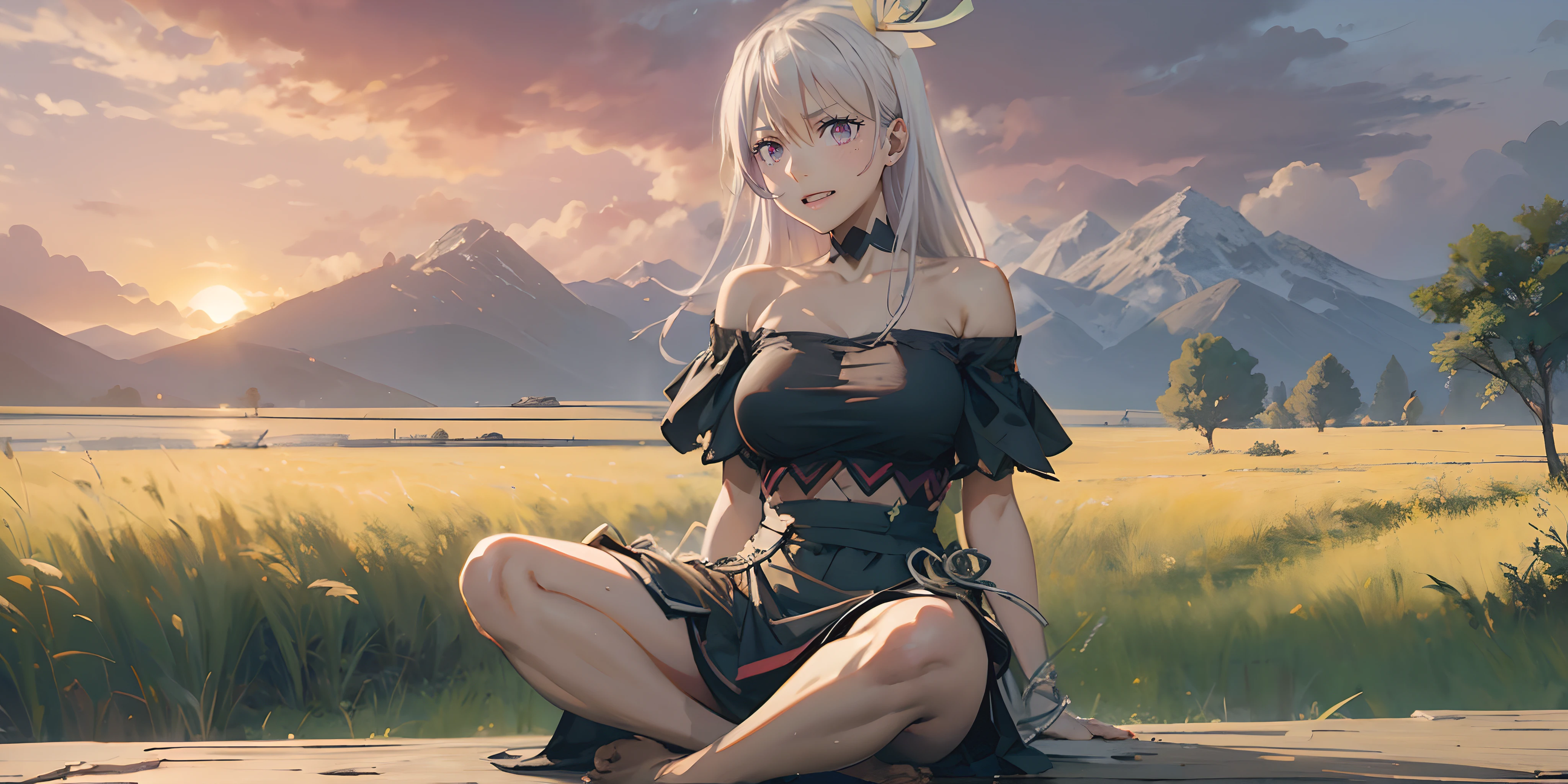 reona, (long hari, silver hair:1.5), purple hair, hair ornament, breasts, epic art, fantasy, 1girl, grass, solo, barefoot, sitting, breasts, mountain, sunset, dress, bare_shoulders, outdoors, looking_at_viewer, off_shoulder, field, sky, lake, collarbone, mountainous_horizon, indian_style, twilight, tree, black_dress, large_breasts, scenery, medium_breasts, feet, off-shoulder_dress, "long shot scenic professional photograph of {prompt}, perfect viewpoint, highly detailed, wide-angle lens, hyper realistic, with dramatic sky, polarizing filter, natural lighting, vivid colors, everything in sharp focus, HDR, UHD, 64K", anime coloring, anime screencap, sweating, steaming body, fog