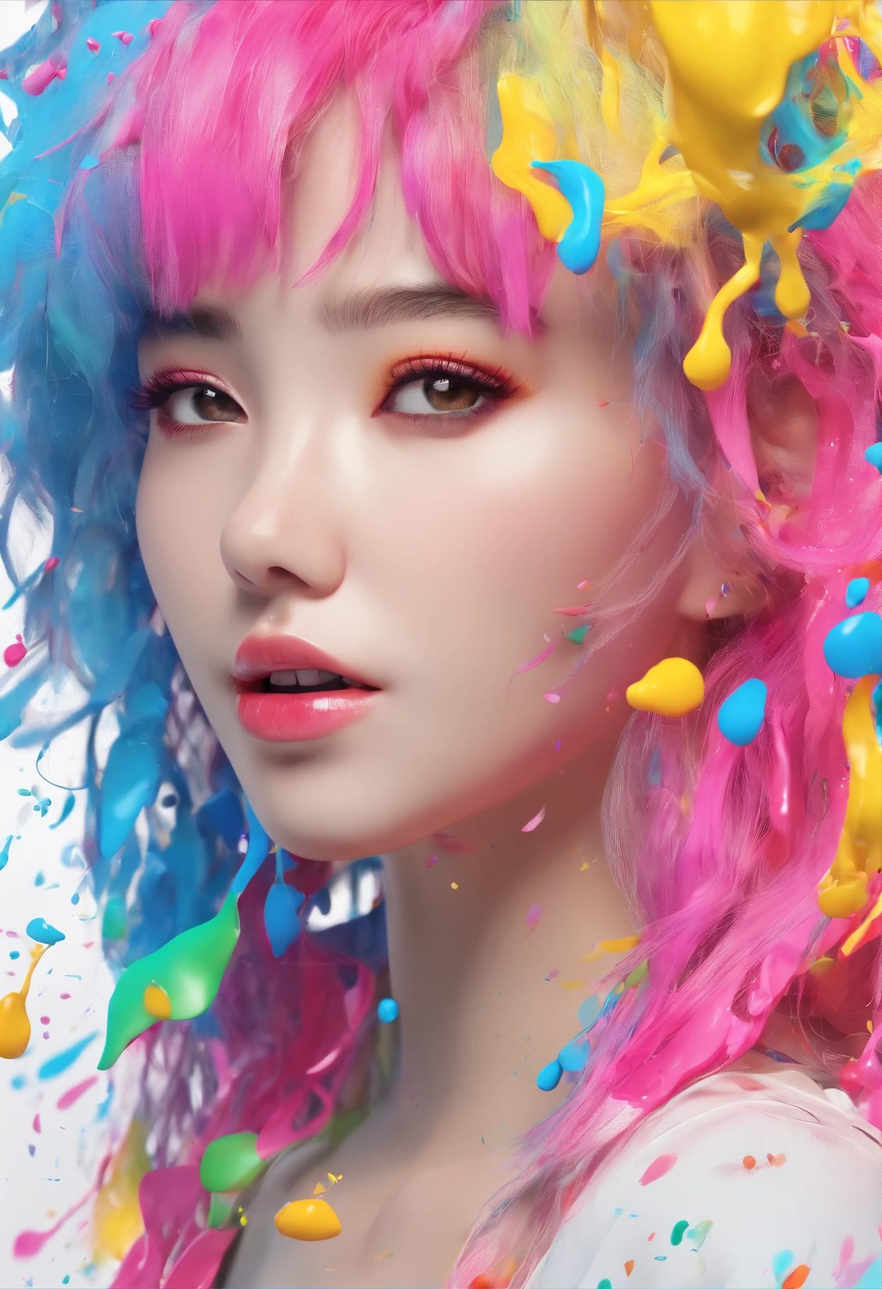 (Masterpiece, Best Quality, High Resolution), White Background, ((Paint Splash, Color Splash, Splash of Ink, Color Splash)), Sweet Chinese Girl, Rainbow Hair, Pink Lips, Front, Upper Body
