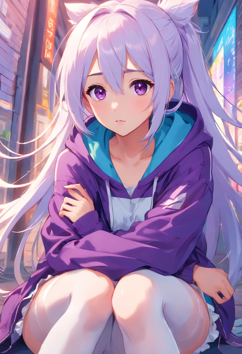 Purple pupils,Lazy expression,Long white hair and white stockings,Cyan and blue clothes,Campus JK, hoddie