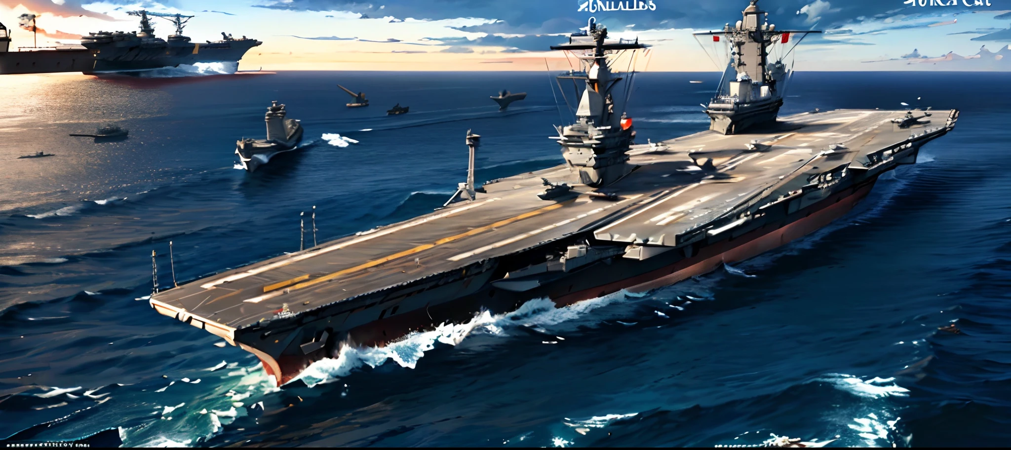 there is a large ship in the water with a lot of ships in the background, aircraft carrier scene, aircraft carrier, realistic military carrier, realistic warship design, stardestroyer in the background, military carrier rig, dcs world style, war thunder game, video game screenshot>, dcs world, illustrious, warships, acecombat, 2025