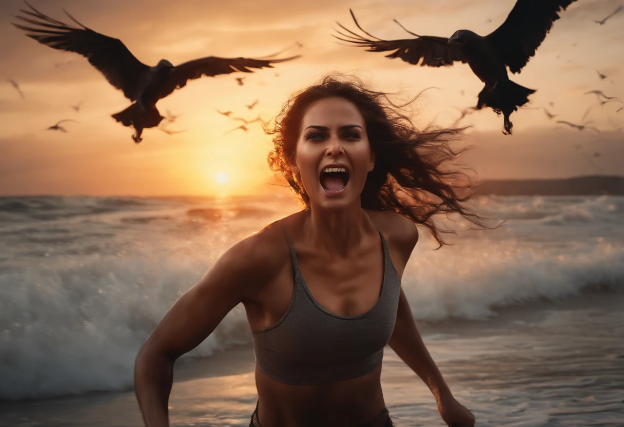 close up of fear demon girl face running and screaming on beach with hundreds of hell birds flying around, ultra realistic, angry, spooky, scary, horor, 8k, Mysterious, Light particles, with light glowing, Mshiff, wallpaper art, UHD wallpaper, highly detailed, lots of detail, masterpiece, trending on artstation