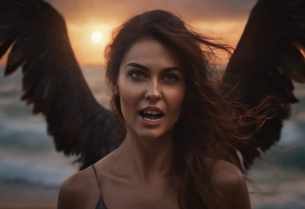 close up of fear demon girl face running and screaming on beach with hundreds of hell birds flying around, ultra realistic, angry, spooky, scary, horor, 8k, Mysterious, Light particles, with light glowing, Mshiff, wallpaper art, UHD wallpaper, highly detailed, lots of detail, masterpiece, trending on artstation