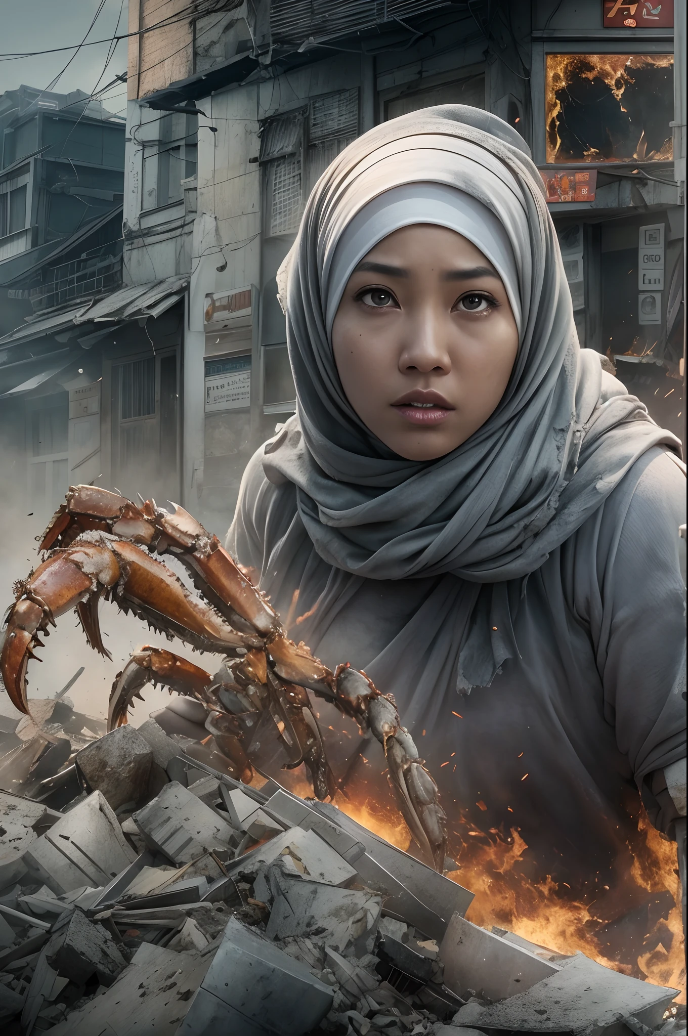 A movie poster, The heroine of the movie "KING CRAB". A malay woman in hijab desperately fleeing from gigantic king crab in a devastated Tokyo, hijab disheveled, white plain tshirt stained and jeans, running through rubble, carrying a rifle, Crumbling buildings, burning flames, white skin, smooth skin, stunningly beautiful face, detail, photorealistic, 8K. High quality, ultra detail, cinematic color, dramatic lighting, movie shot framing and angle,