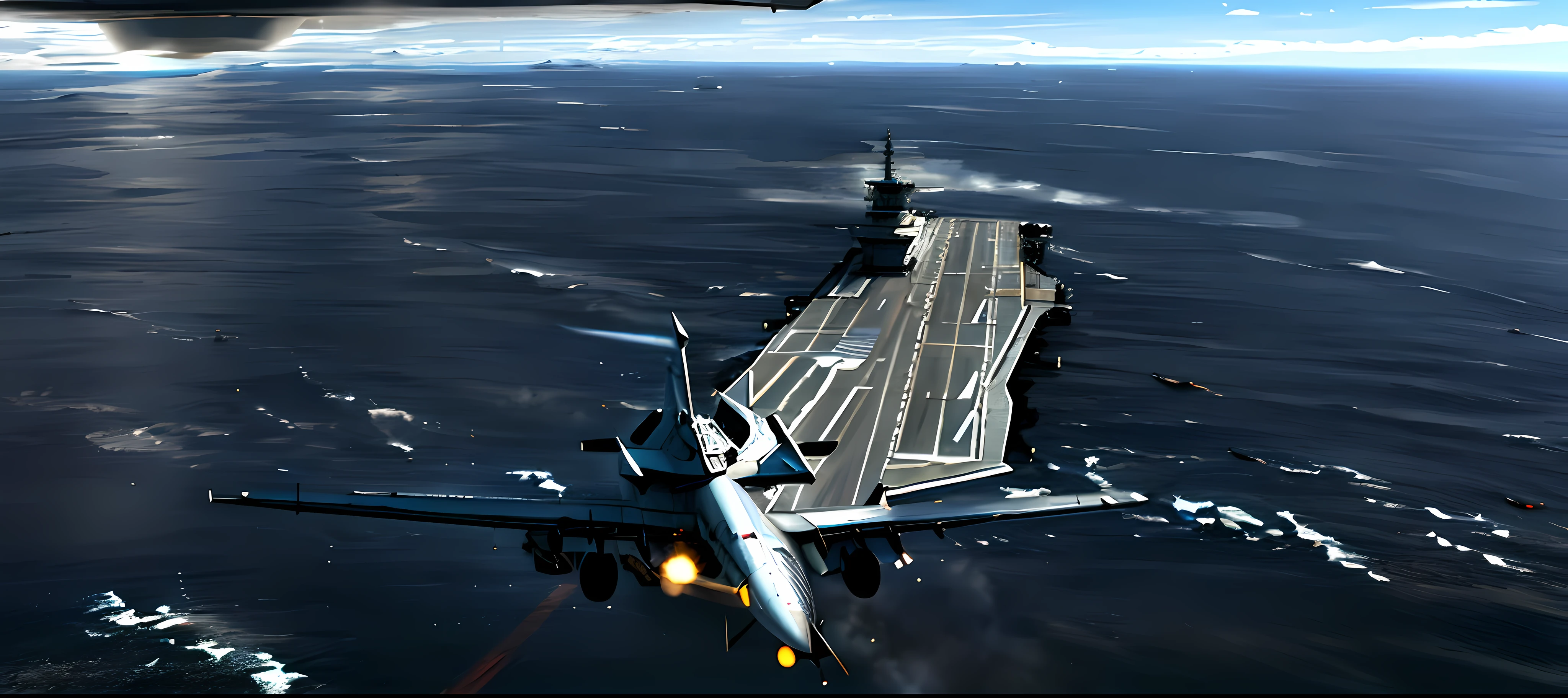there is a large plane that is flying over a ship, aircraft carrier scene, aircraft carrier, realistic military carrier, dcs world style, military carrier rig, on aircraft carrier, dcs world, acecombat, war thunder game, flying ships in the background, deployed wings, airborne view, strafing attack plane, aerial combat, extremely detailed frontal angle, ingame