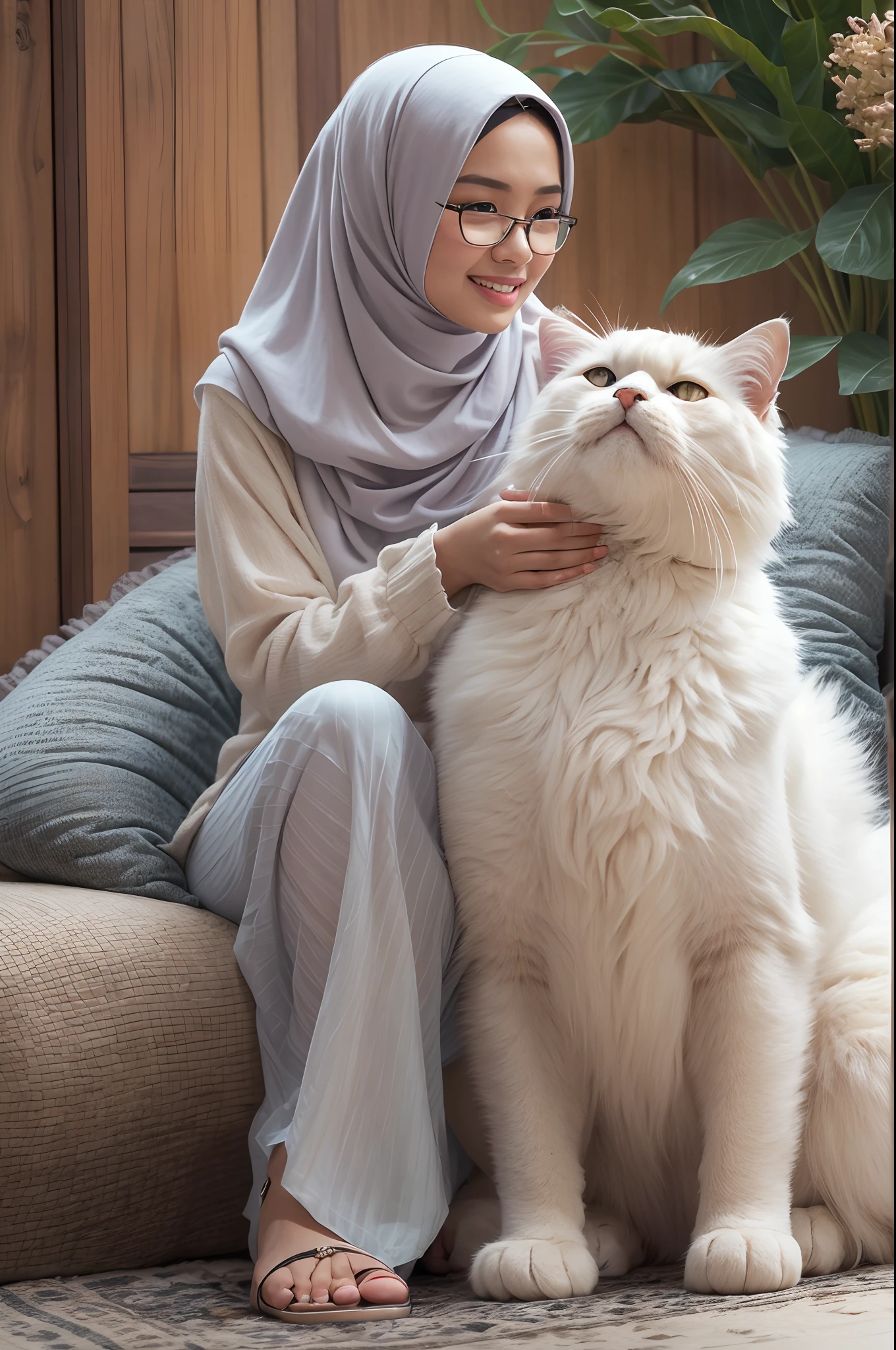 Design a heartwarming scene as the young Malay woman in pastel color hijab interacts with her beloved very big cat pet, very big fluffy white persian cat, very cute Malay woman with beautiful small petite body, wear modest baju kurung, wear glasses, big round glasses, small petite body, beer belly, small waist, slim, wide hips, thick thighs, showcasing the bond between them in a cozy home setting, bright lighting, happy, 8k, high quality, ray lighting,