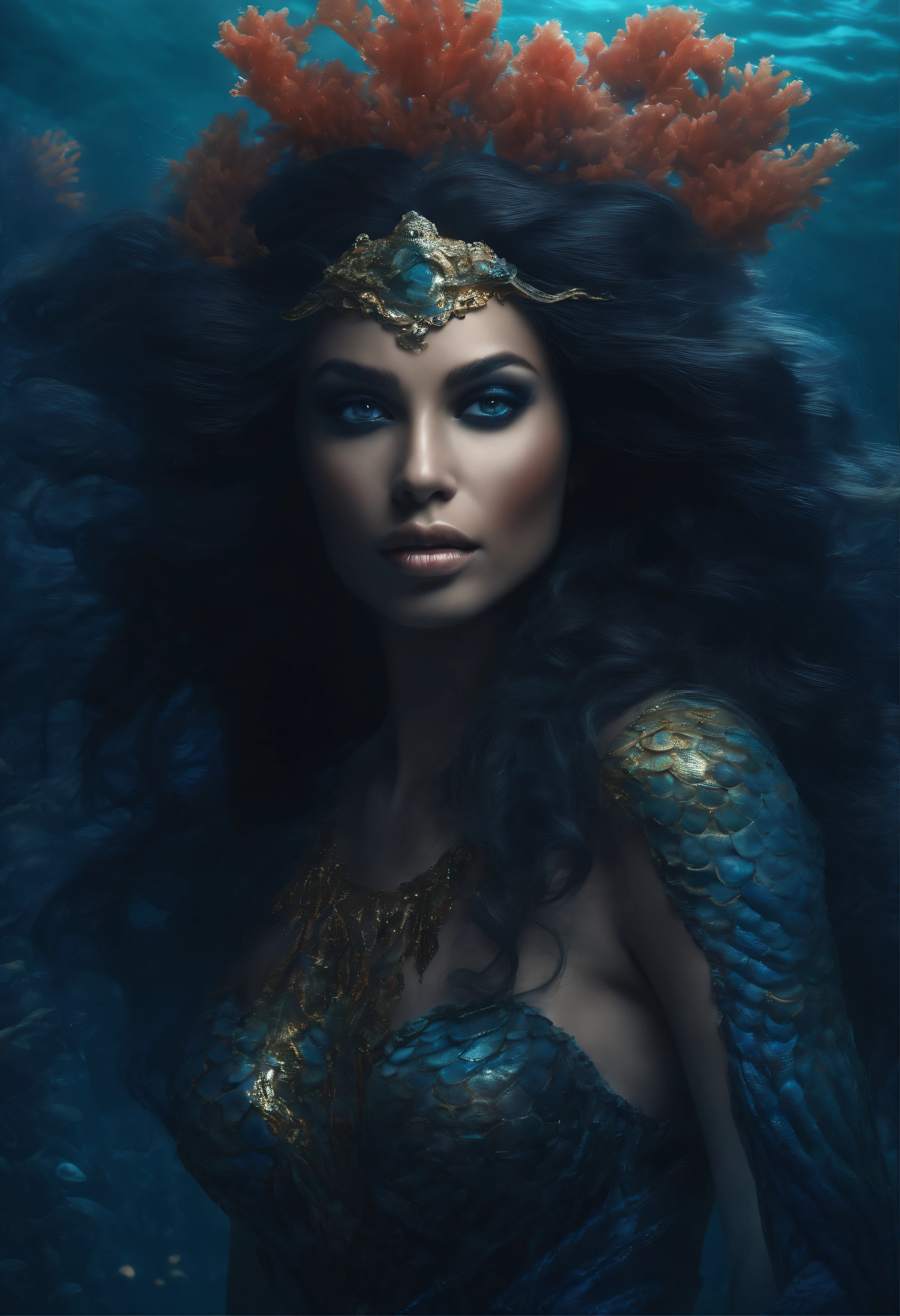 best quality,ultra-detailed,realistic,portrait,detailed face,dark blue skin,shimmering scales,glimmering eyes,sharp teeth,flowing hair,sinister expression,underwater environment,seaweed,coral reef,mysterious,haunting,ethereal color palette,strategic lighting