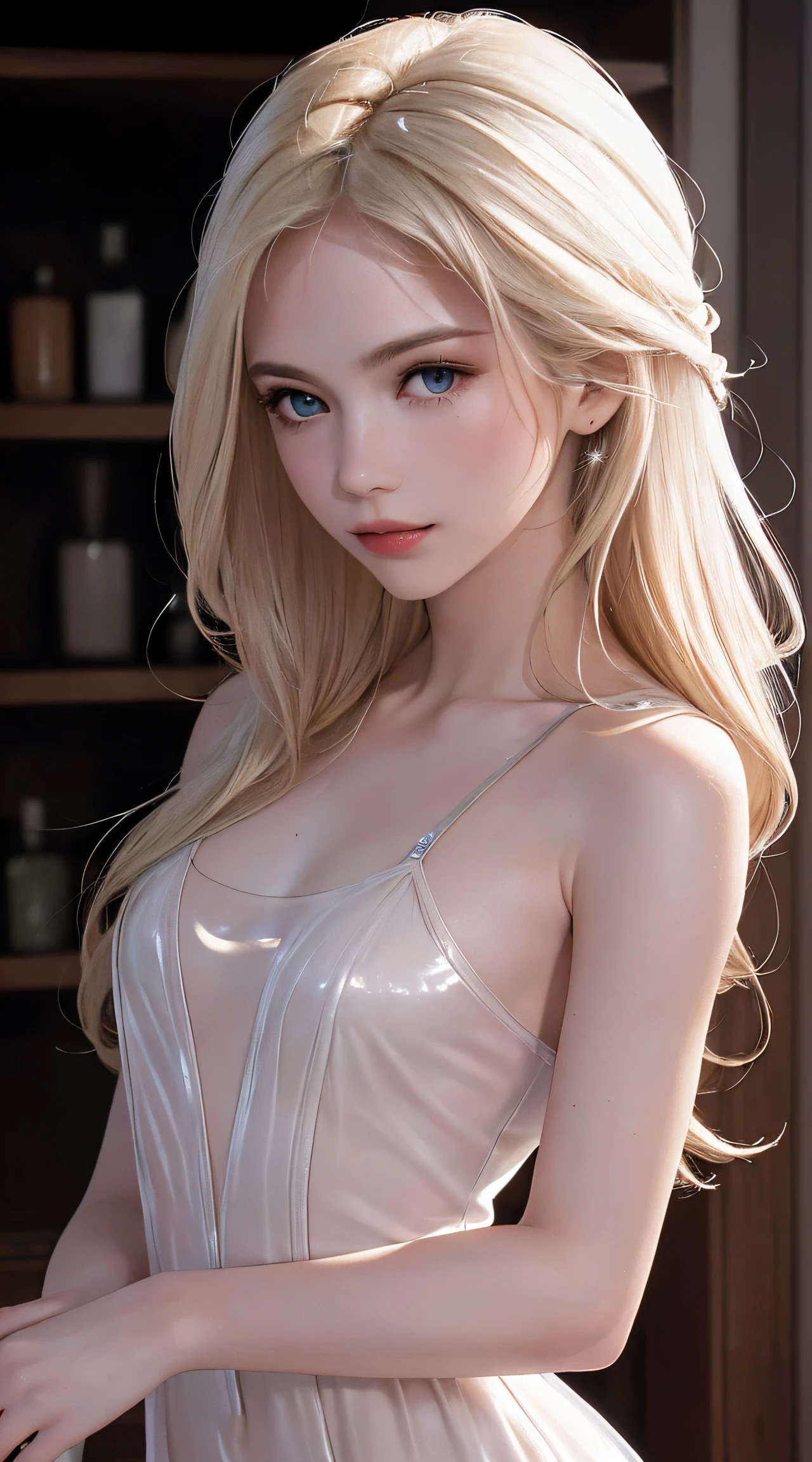 (8K, RAW Photos, of the highest quality, Masterpieces: 1.2), (Realistic, Photorealistic: 1.37), Highest Quality, Ultra High Resolution, light  leaks, Dynamic lighting, Slim and smooth skin, (Full body:1.3), (Soft Saturation: 1.6), (Fair skin: 1.2), (Glossy skin: 1.1), Oiled skin, 22 years old, Night, shiny white blonde, Well-formed, Hair fluttering in the wind, (Close-up shot of face only:1.2), Physically Based Rendering, From multiple angles, (Girl in a glass bottle:1.2), all-fours, Chest is sheer, (Smaller chest:1.2), cleavage of the breast, Lower breast, (Transparent costume:1.3), Not wearing a cloak, Beautiful eyes,Break HA,(8K, RAW Photos, of the highest quality, Masterpieces: 1.2), (Realistic, Photorealistic: 1.37), Highest Quality, Ultra High Resolution, focused eyes, light  leaks, Dynamic lighting, Slim and smooth skin, (Full body:1.3), (Soft Saturation: 1.6), (Fair skin: 1.2), (Glossy skin: 1.1), (Oiled skin:1.2), 18 years old, Night, Indoor, Strong morning light from the front, BREAK, shiny white blonde, Well-formed, Hair fluttering in the wind, (Close-up shot of face only:1.2), Physically Based Rendering, From multiple angles, (Cute:1.2), Beautiful hair blown in the wind, all-fours, Chest is sheer, Well equipped, Sheer, Transparent, Glittering Gemstones, beautiful body shape, It features a simple, BREAK, Hair volume decreases towards the ends of the hair, Beautiful skin without blemishes, (thin white small camisole,,,,,,,,,,,:1.2), Sparkly lips, The air is clear, shiny white blonde hair, Light is coming in from various directions, Hair through intense light, (Erotic:1.3), (Bare chest:1.2), (Small breasts:1.2), Under the breasts, narrowwaist, narrow shoulders, gazing at viewer, Big smile, spring, Bathing, Very small cloth