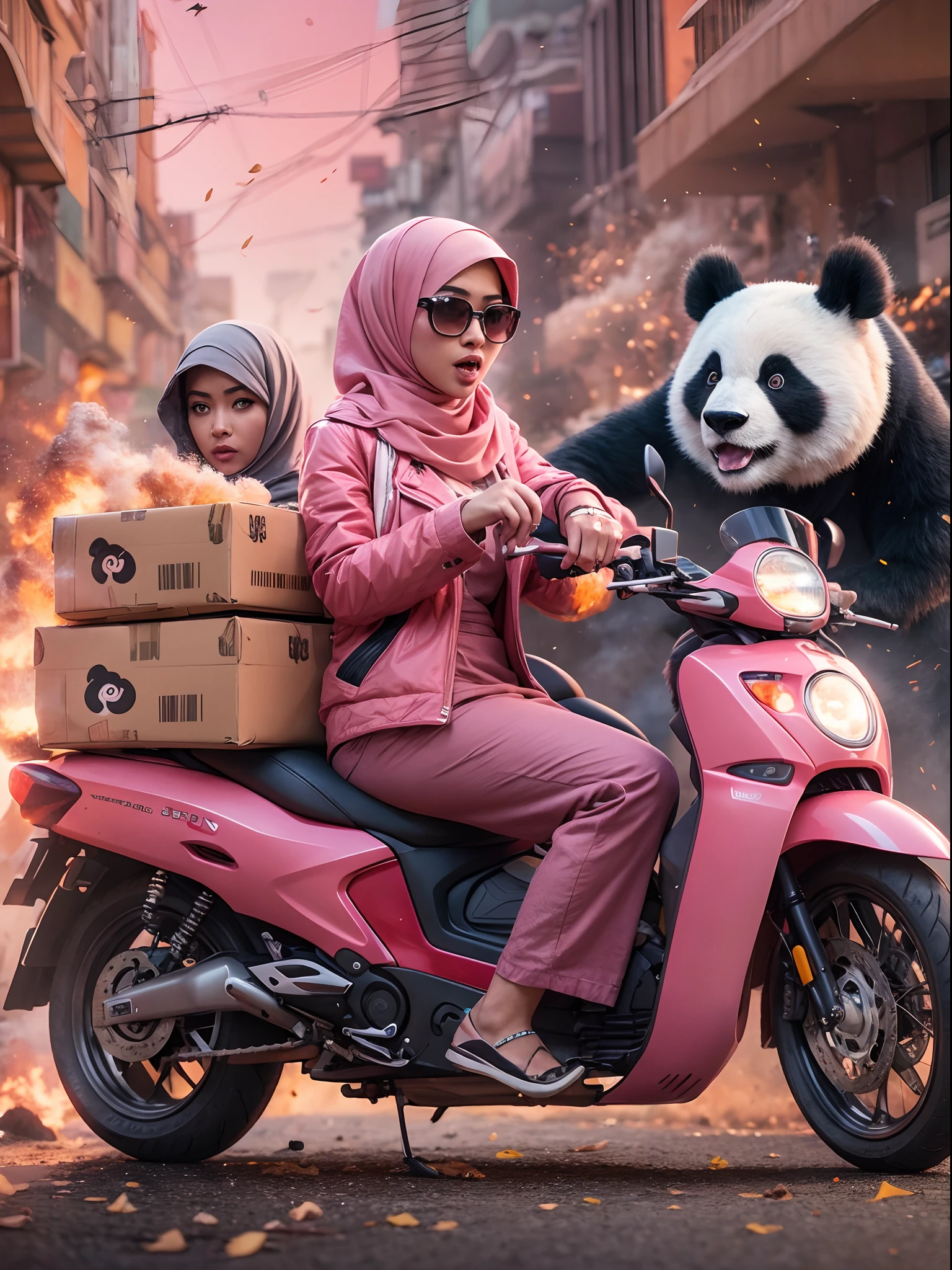 Slim and Medium breasted malay woman in hijab with pink jacket, pink food delivery motorcycle, foodpanda delivery, panda emblem at delivery box, pink delivery box, sunglasses, sci-fi, with gun, explosions behind, lot of explosion, dramatic scene, movie poster,