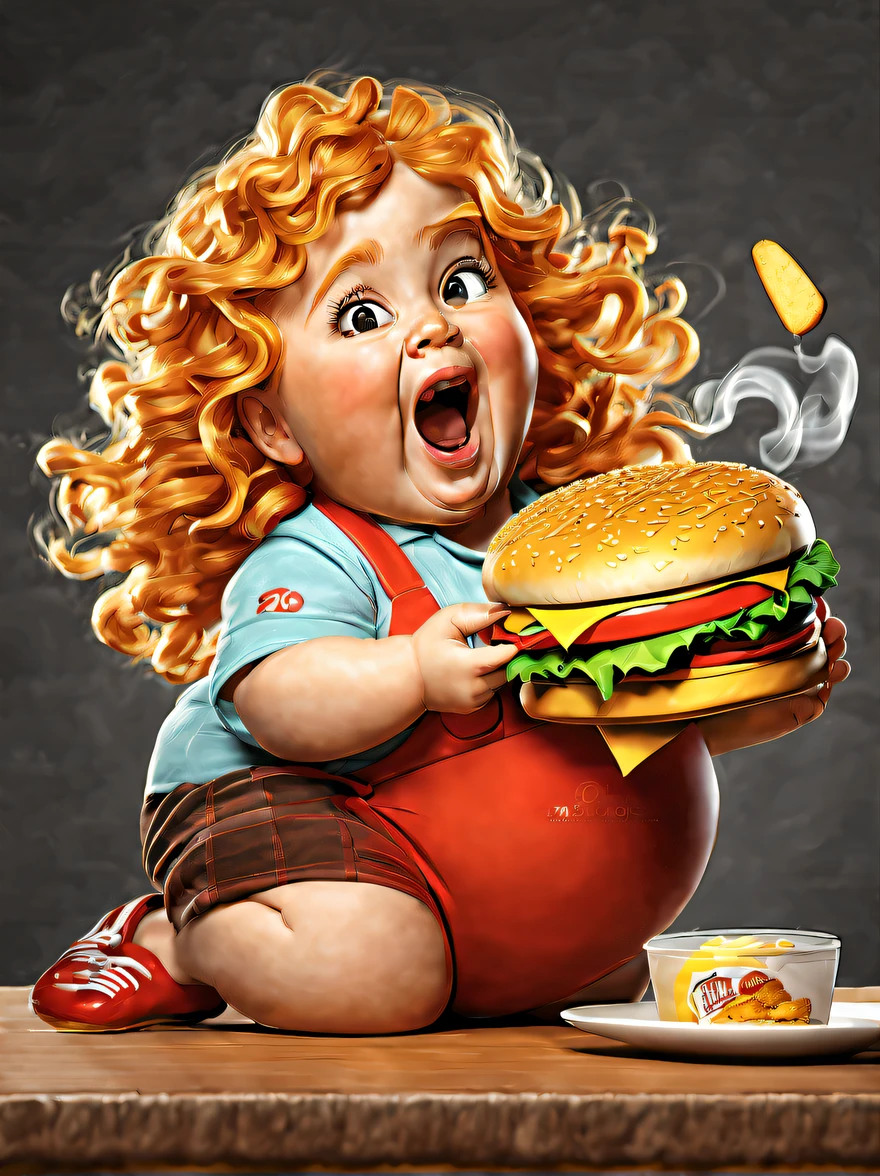 (Poster of cute fat girl eating Big Mac burger), (Open your red mouth), golden curly hair, Happy expression, Exaggerated expression,(Correct perfect hand)
deep dark background, High-quality photos, Delicate skin,, Studio photos, (Lots of smoke: 1.2),close up photograph,Clear facial features,concept art of character,Exaggeration, ,Cartoon,kawaii,Photorealism,rendering by octane,corona rendered,rendering,High detail,hyper qualit,high resolution,hyper photorealism,trending on artstationh,8K16K,Close-up(CU),closeup cleavage, --Original style
