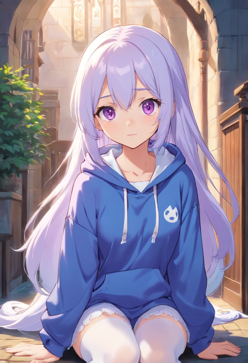 Purple pupils,Lazy expression,Long white hair and white stockings,Cyan and blue clothes,Campus JK, hoddie