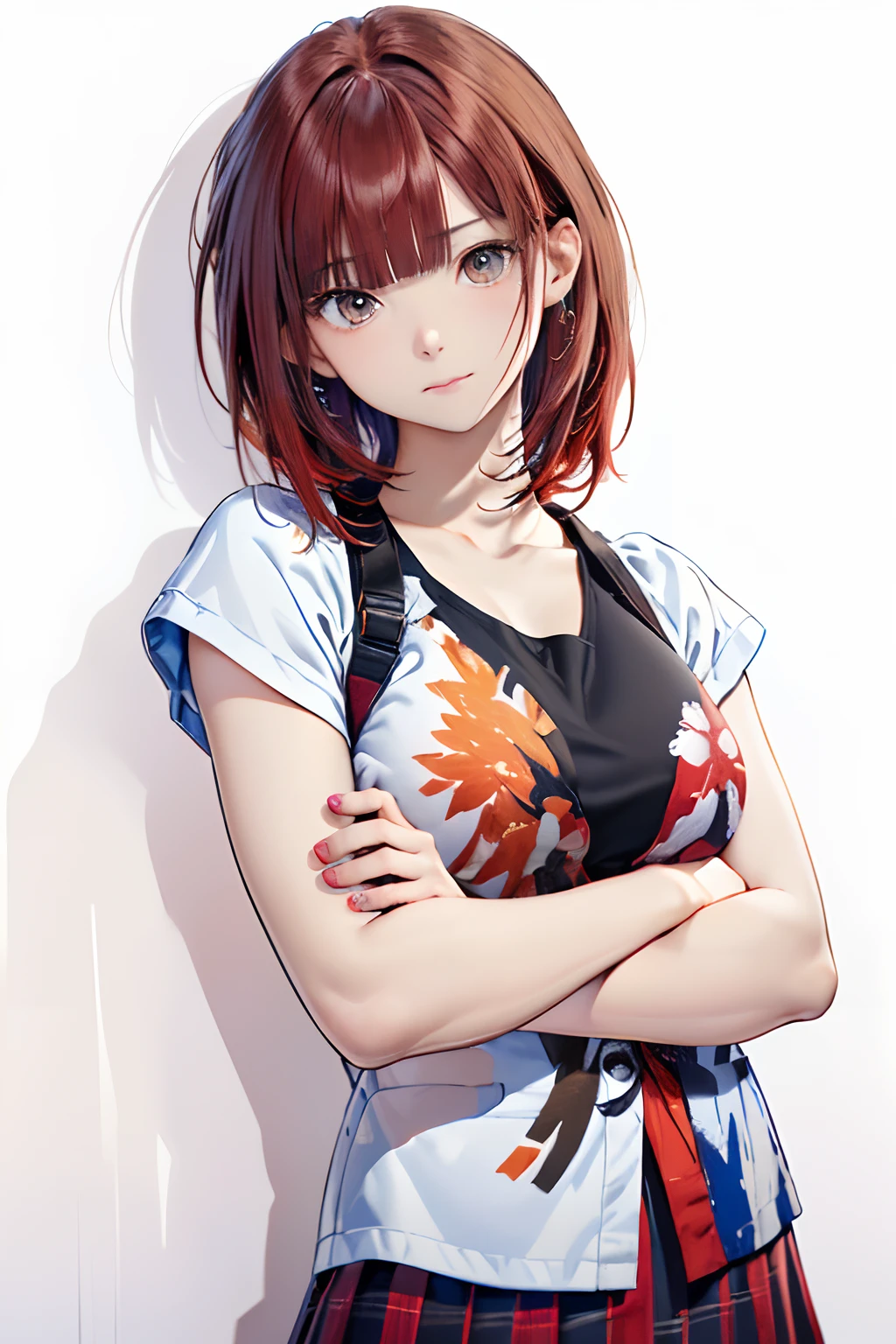 (​masterpiece、top-quality:1.2), cowboy  shot, 独奏, 1girl in, (((Deformed characters)))、 deadpan, Mouth closed, see the beholder, Put your hands together, student clothes, serafuku, plaid skirts、(Best Quality, 8K, Oil Painting, masutepiece:1.2), Ultra-detailed, (Realistic, Photorealistic:1.37), (((FULL BODYSHOT)))、Vibrant colors, (((Arms folded in front of the chest)))、(((Wearing a micro bikini)))、(((Twenty-year-old woman)))、(((His arms folded)))、 (((red hairs)))、(((Shoulder-length bob hair)))、((( White background))), (((Mouth closed)))、(((Girly Hairstyles)))、(((bobhair)))、(((In front of a white wall)))、(((Nothing on the top of the head)))、(((deadpan)))、(((A face that thinks nothing)))