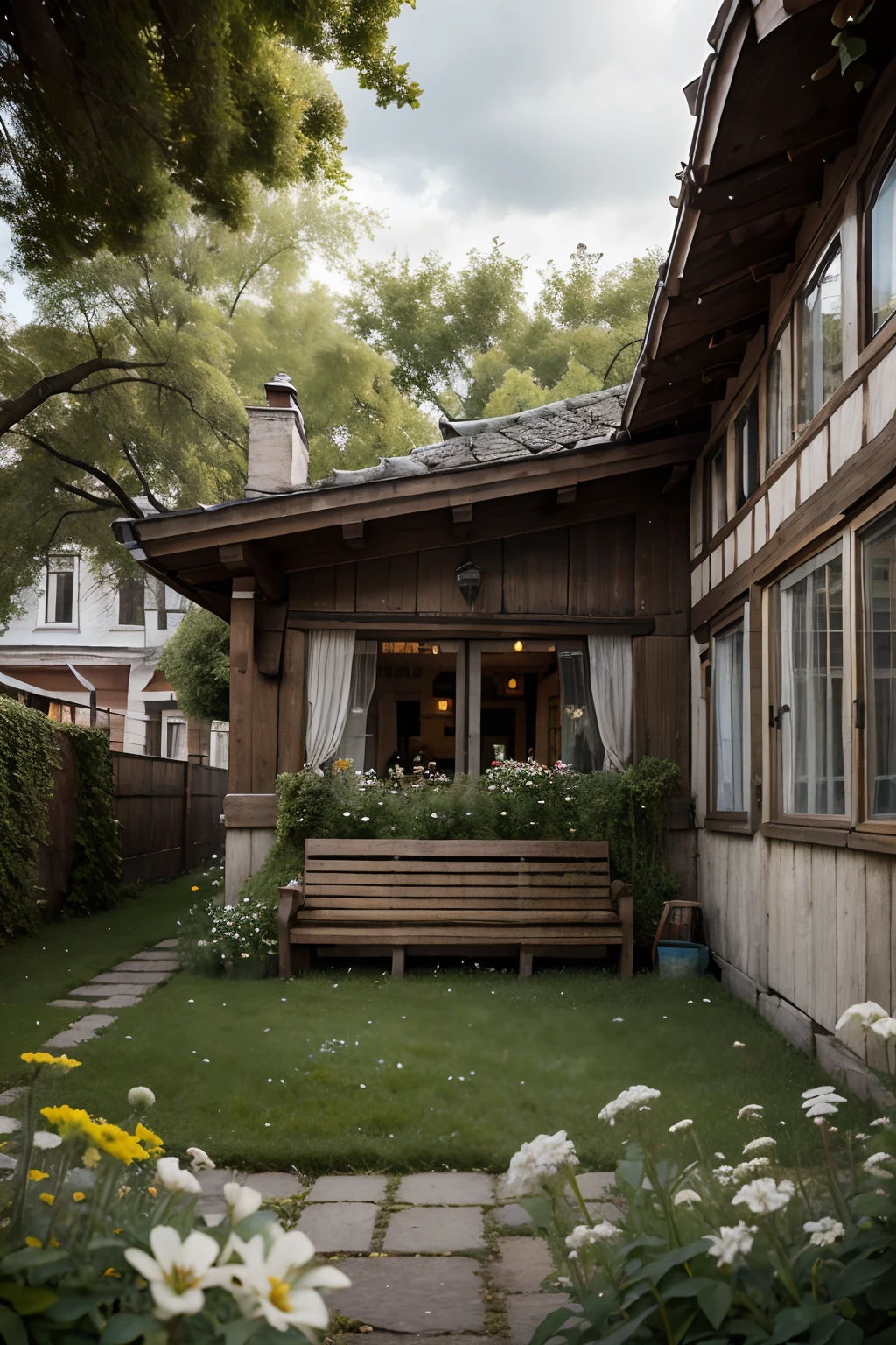 Imagine yourself in the courtyard of an old wooden Russian house, Russian Village, Flowers on the windows, flower, grass, A little bit of moss, wooden bench, Shady courtyard, Birch, In calm cloudy weather, macro shot, hyper detailed, Trending on ArtStation, sharp-focus, studio photo, intricate details, Highly detailed