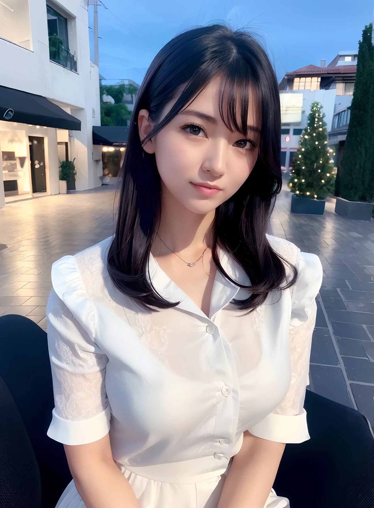 (8K、top-quality、masterpiece:1.2)、(realisitic、Photorealsitic:1.37)、ultra-detailliert、 1 人、cute little、Soio、Beautiful detailed sky、Detailed Cafe、natta、sitting on、date、(Nasal blush)、 (A smile:1.15),(Closed)small tits,Beautiful fineness,(shirt with collar:1.1),natta,Wet,Business Wear,Sateen,White lace,(short-hair:1.2),Floating Hair NovaFrogStyle,Tifa,Square black glasses
