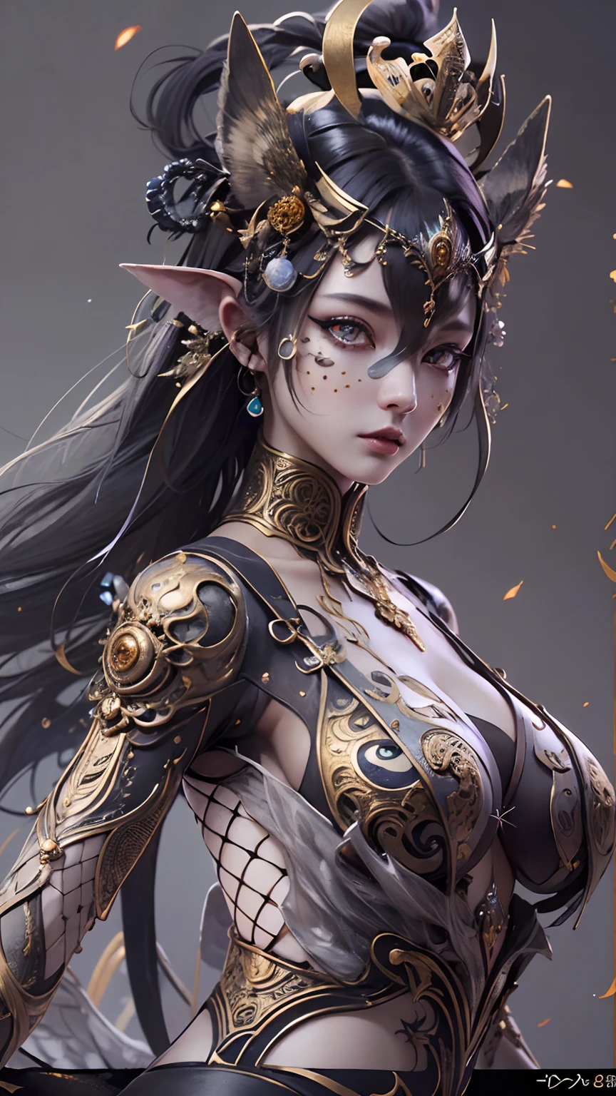 (((Body Portrait)))、（best qualtiy，ultra - detailed，Most Best Illustration，Best Shadow，tmasterpiece，hight resolution，professionalartwork，famousartwork），Detailed eyes，beautidful eyes，closeup cleavage，sci-fy，colored sclera，(Black and beautiful eyes，Black eyes)、face markings，leopard spots on body，（fractalized，Fractal Eye），largeeyes，wide eyes，（Eye focus），Details of face，the eye of the universe，Metal sculpture depiction of woman wih a crown on her head in，goddes。extremely high detail，goddess portrait，Highly detailed footage of the goddess，a stunning portrait of a goddess，Side image of the goddess，portrait of a beautiful goddess，(Full body close-up of goddess)，(6 sets of wings on the back of the goddess), goddess of space and time、((​masterpiece、top-quality、ultra-definition、hight resolution))、4K picture quality、