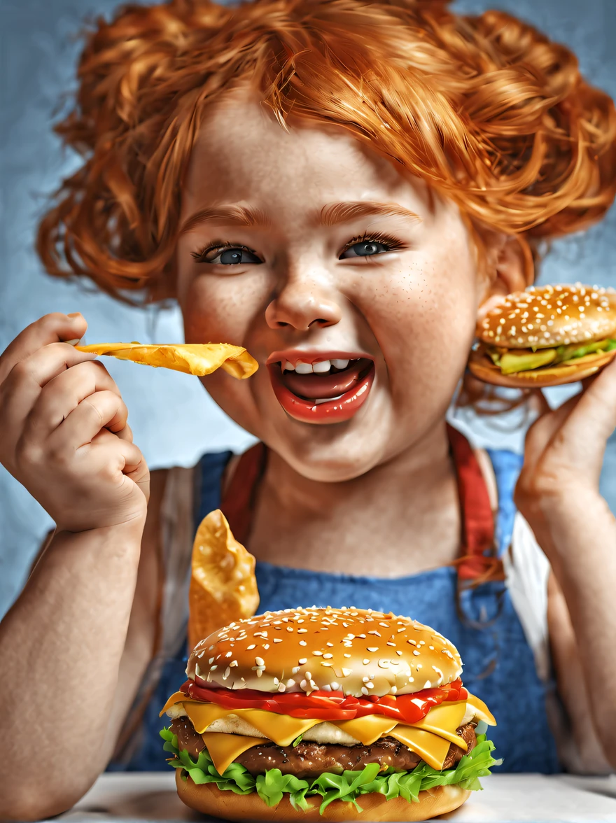 (Poster of cute fat  girl eating Big Mac burger), (Open your red mouth), Playful little freckled face，（with short golden hair, Fair and shiny skin，The expression of laughter, Exaggerated expression,（Correct perfect hand），（flue gas：1.37）
deep dark background, High-quality photos, Delicate skin,, Studio photos, (Lots of smoke: 1.2),close up photograph,Clear facial features,concept art of character,Exaggeration, ,Cartoon,kawaii,Photorealism,rendering by octane,corona rendered,rendering,High detail,hyper qualit,high resolution,hyper photorealism,trending on artstationh,8K16K,Close-up(CU),closeup cleavage, --Original style