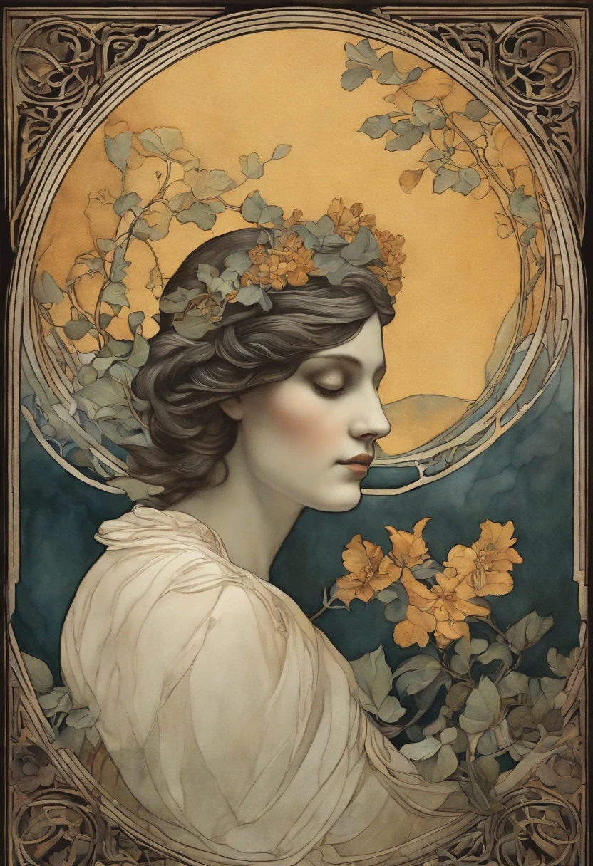 Uma pintura em aquarela super detalhada representando uma logo ,um sapo na lagoa, fundo escuro,gotic, cabelos brancos, Anthropomorphic male, figura masculina, arte detalhada da capa, Como um deus das flores, No estilo de Alphonse Maria Mucha e Gustave Kilmut, Acentos Arte Nova, Alphonse Mucha, Gustavo Klimt, pele azulada escura, a marble sculpture, CGSesociedade, gothic art, Arte Nova, Vencedor do concurso Behance