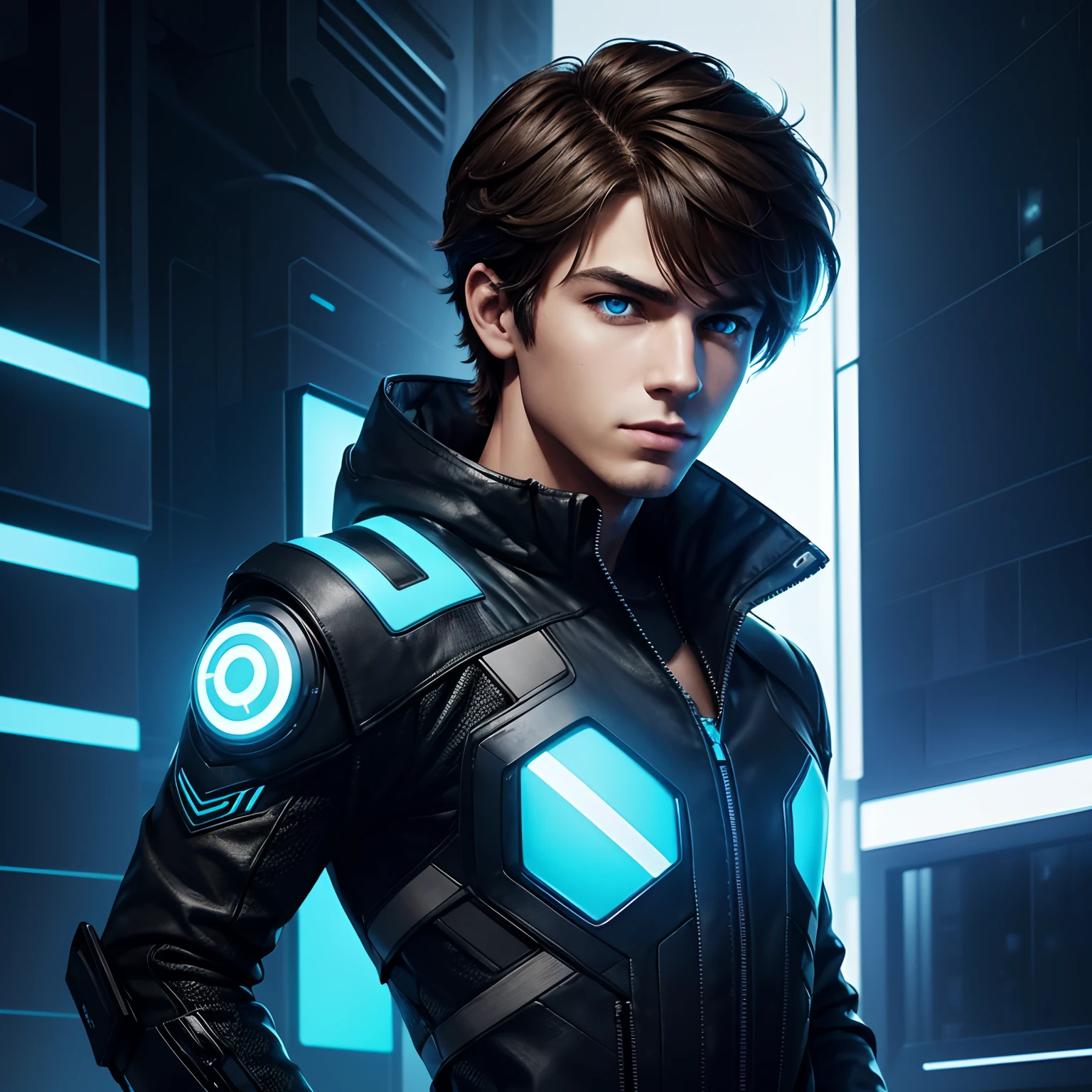 Create a digital illustration of (Alex, 1boy, solo:1.3), the witty and tech-savvy human in their late 20s, with impeccable attention to intricate details. Depict their short, tousled brown hair and striking blue eyes with lifelike precision. Dress them in sleek, high-tech clothing that seamlessly combines modern style with a cyberpunk edge. The environment should reflect a futuristic cityscape, with neon-lit streets and skyscrapers in the background. Emphasize the gadgets they carry. Employ a vibrant, high-contrast color scheme with vivid blues and neon accents.
