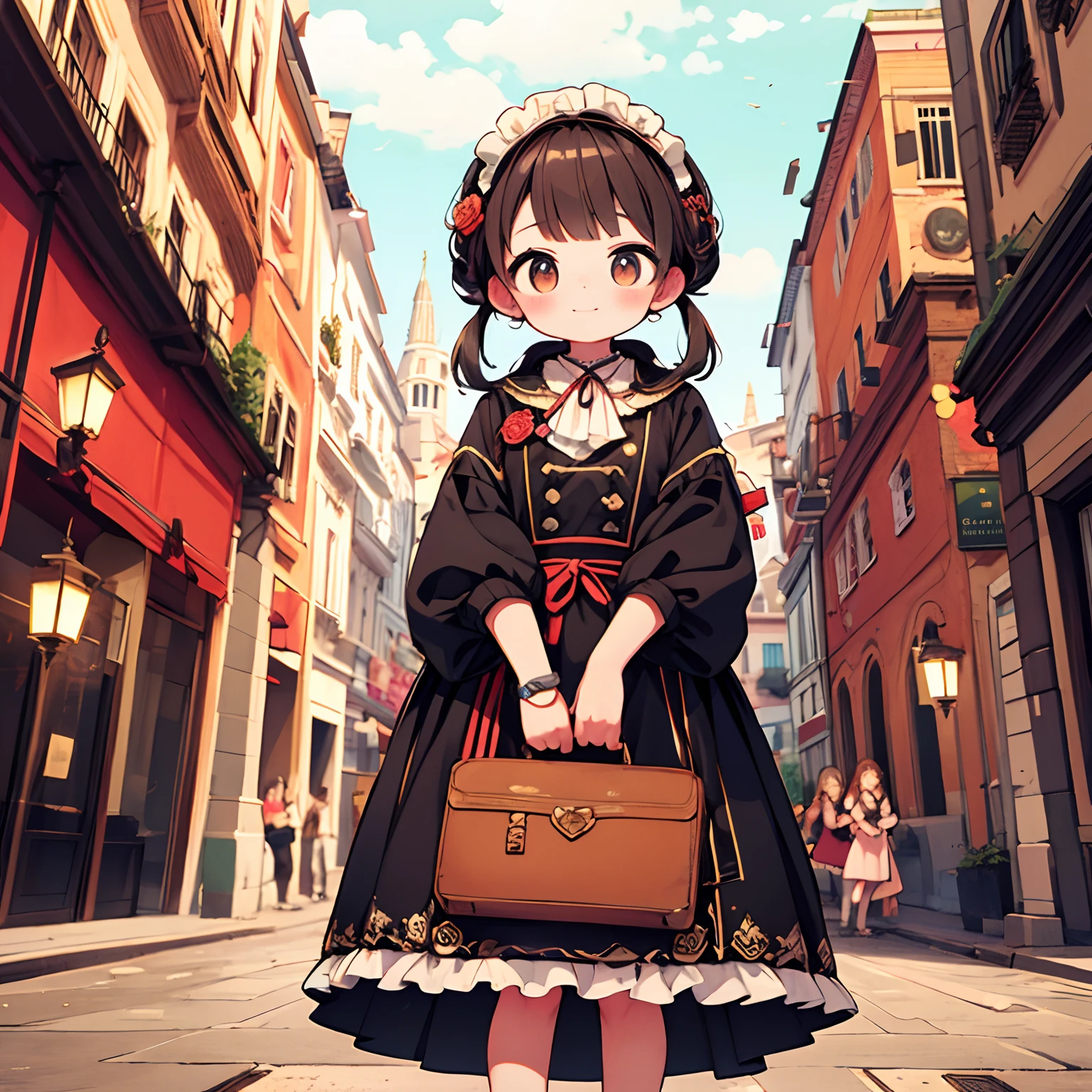 Milan Sightseeing、Cathedral、Kawaii Girl、happily face、Milanese cutlets、Traditional costumes of Milan、Brown skin、masterpiece、top-quality、Top image quality
