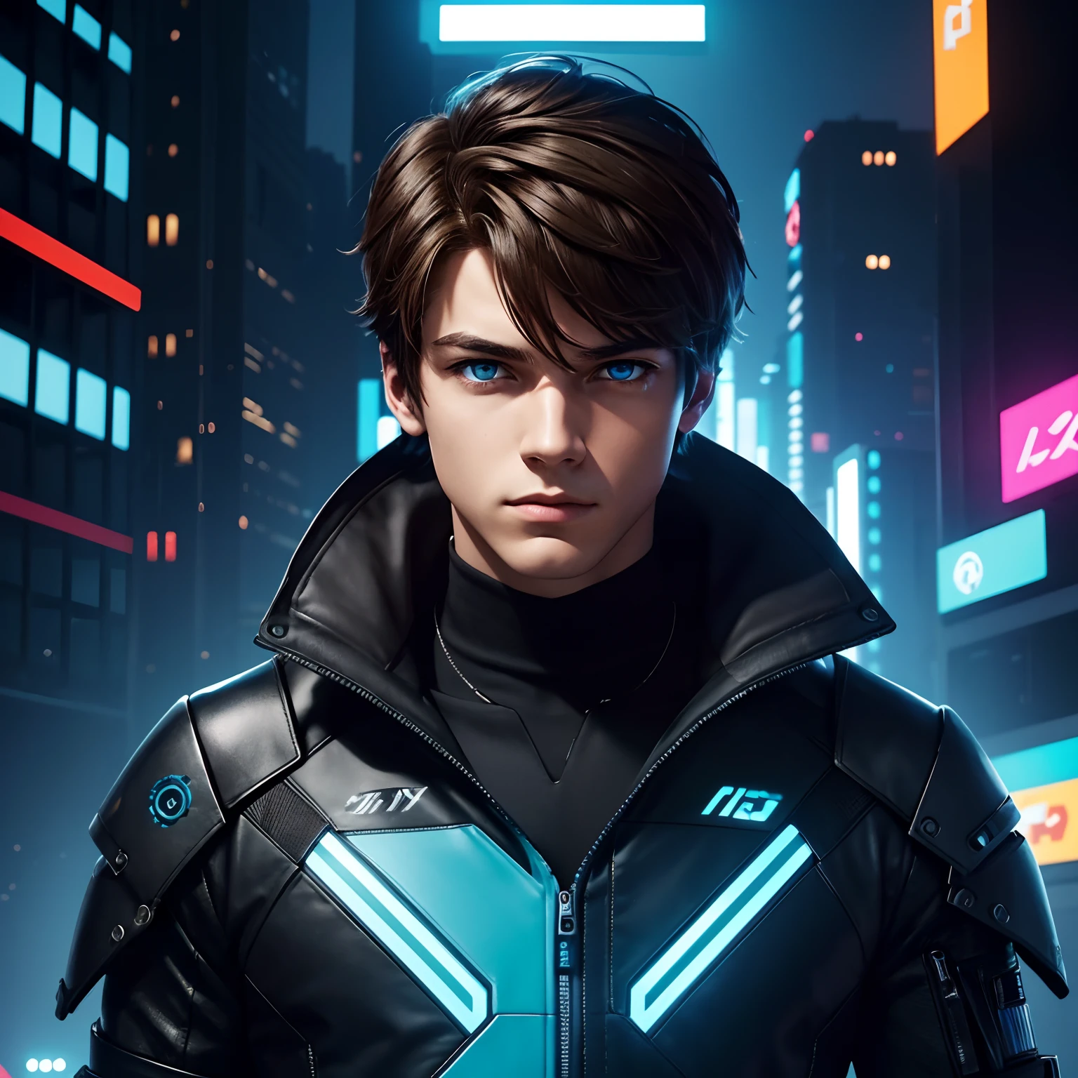 Create a digital illustration of (Alex, 1boy, solo:1.3), the witty and tech-savvy human in their late 20s, with impeccable attention to intricate details. Depict their short, tousled brown hair and striking blue eyes with lifelike precision. Dress them in sleek, high-tech clothing that seamlessly combines modern style with a cyberpunk edge. The environment should reflect a futuristic cityscape, with neon-lit streets and skyscrapers in the background. Emphasize the gadgets they carry. Employ a vibrant, high-contrast color scheme with vivid blues and neon accents.