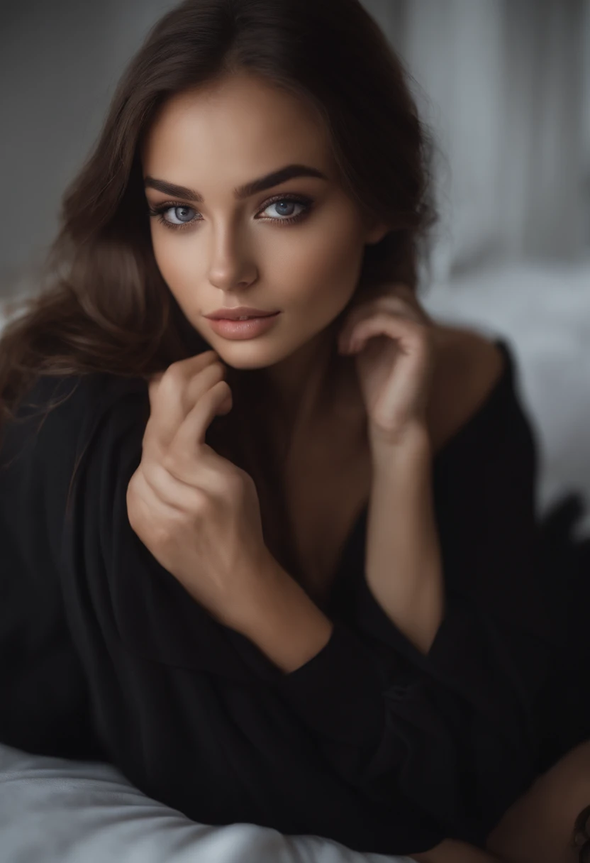 arafed woman with black clothes, sexy girl with brown eyes, portrait sophie mudd, brown hair and large eyes, selfie of a young woman, bedroom eyes, violet myers, without makeup, natural makeup, looking directly at the camera, face with artgram, subtle makeup, stunning full body shot, in bedroom, cleavage