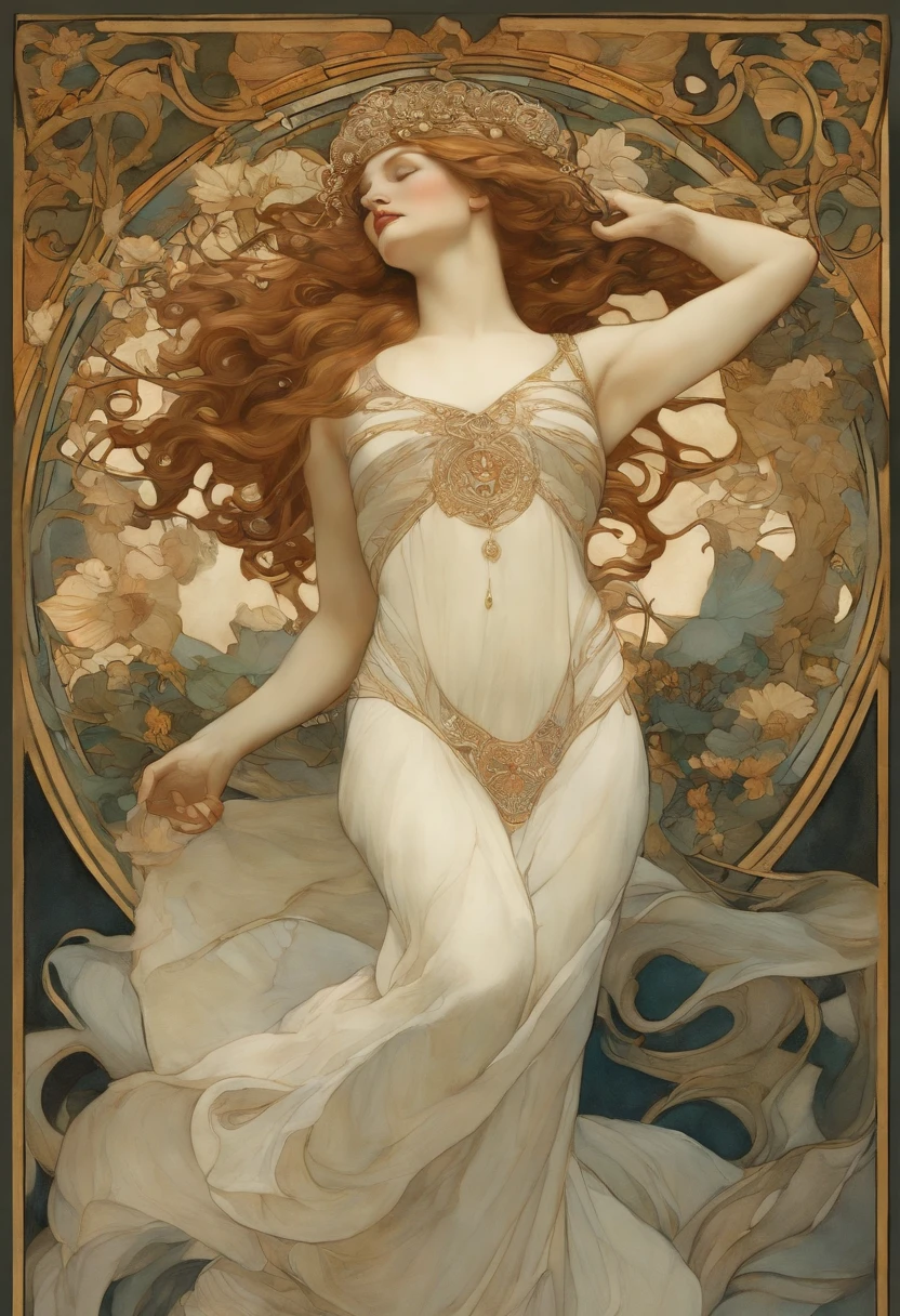 Uma pintura em aquarela super detalhada ,um sapo na lagoa, fundo escuro,gotic, cabelos brancos, figura animal redonda centralizada, Isometric Detailed Cover Art, No estilo de Alphonse Maria Mucha e Gustave Kilmut, Acentos Arte Nova, Alphonse Mucha, Gustavo Klimt, a marble sculpture, CGSesociedade, gothic art, Arte Nova, Vencedor do concurso Behance