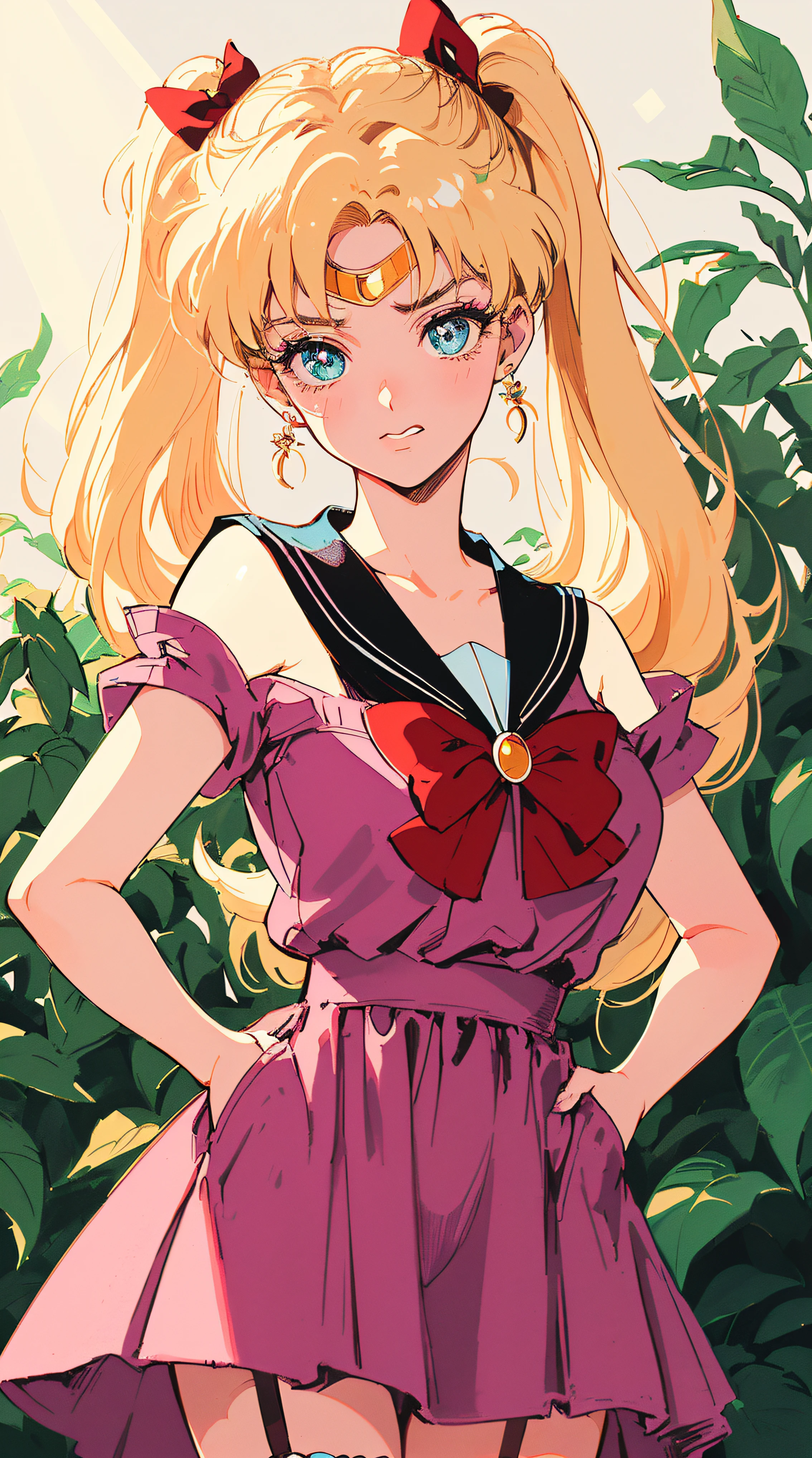 ((((blonde haired girl with sapphire eyes, sailor venus!!!!!!!!,Minako Aino ，retro anime girl , sailor moon aesthetic, anime vintage colors，Vaporwave style,90's anime style,have the style of folk portraits,chicano inspired retro fashion，renaissance,  retro style inspiration retro,snow pieces, fresh and clean appearance，))))(masterpiece:1.2, best quality,top quality,epic quality,UHD), (detalhes intrincados),((head tilts,hands in pockets,Clavicle control,lip biting,naughty face,)) 1girls, solo,minimal makeup, tecidos naturais,adolescent,under-aged,young face, cara travessa,((blur background,))  ((((In the background of leaves ,with shadow,))))blueberry hair,{long hair|Clearly visible hair|natural curved|long twintail|supple hair},claros, franja, franja na testa,incredibly_absurdres pupils,saia plissada, (((sagging breasts,red bow on front))), face madura, detailed face, ((ultra-detailed, Sun glare, Bokeh:85mm)), (geometric:1.2),)),  ((bare shoulders,frills,short sleeves,Dark ，and pink dress，thigh ribbon,garter_belt,))ray tracing,god lighting,god ray)),((extremely_Detailed_Eyes_and_face)),(Beautiful and aesthetic: 1.2),Brilliant,unbelievable Ridiculous quality,)),((extremely_Detailed_Eyes_and_face)),(Beautiful and aesthetic: 1.2),Brilliant，Ultra-precise depiction, Ultra-detailed depiction,Bokeh (85mm Shot)，