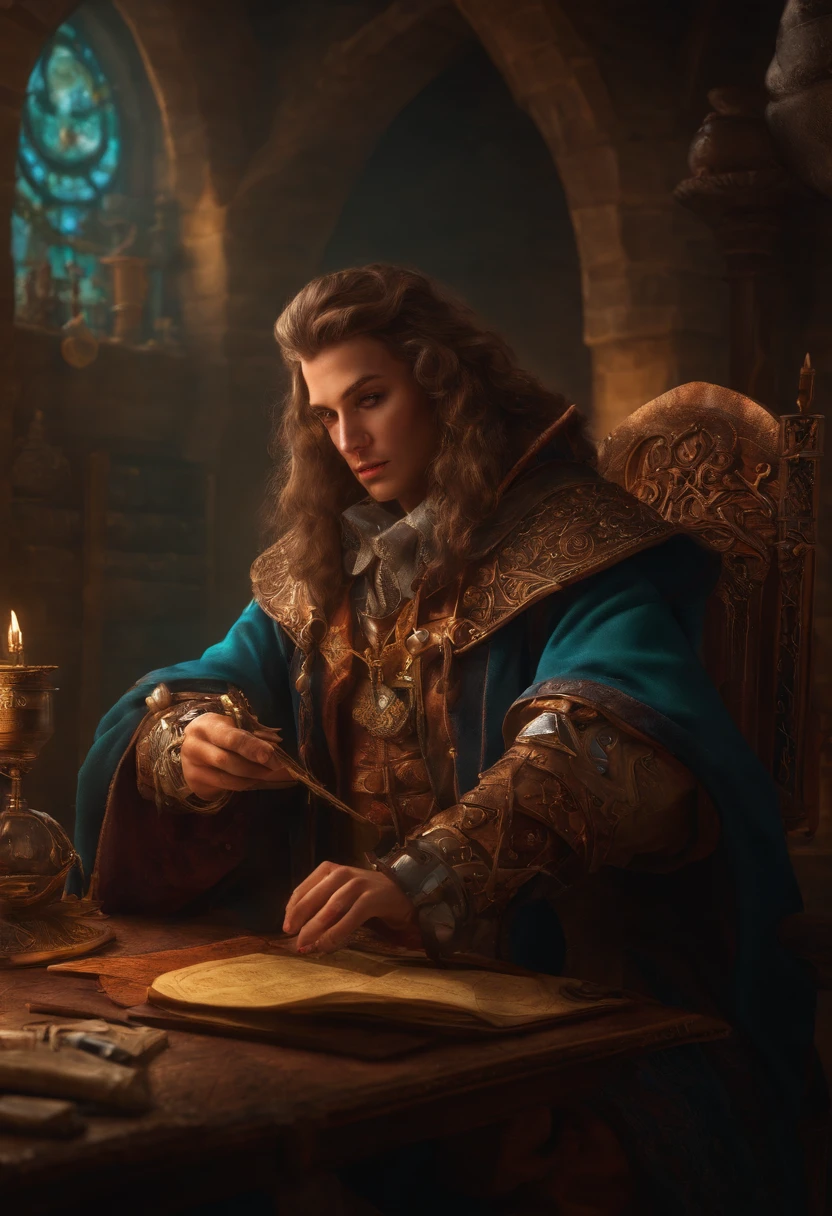 Medival artificer. fantasy, dnd, scientist, crazt scientist, insane, funny