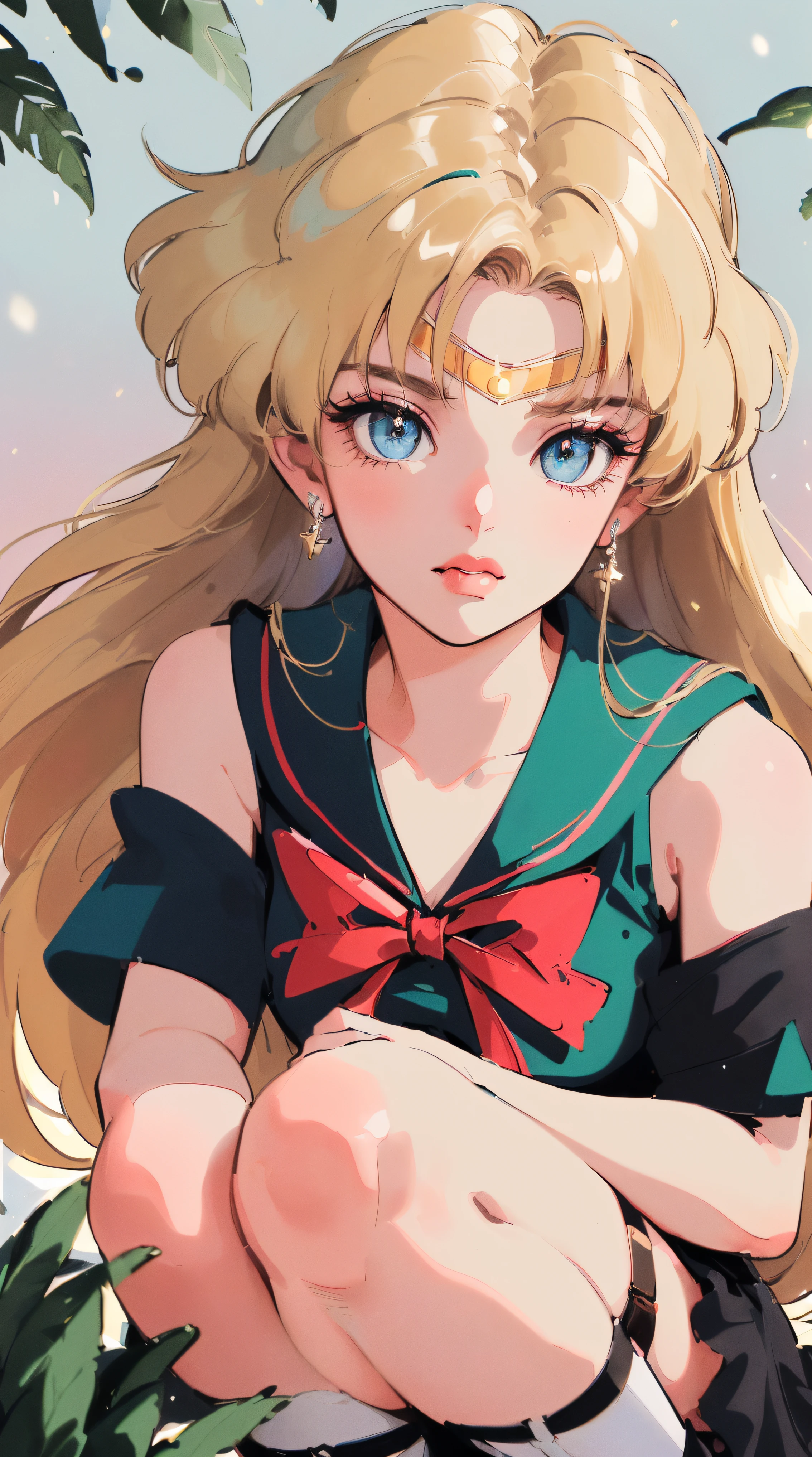 ((((blonde haired girl with sapphire eyes, sailor venus!!!!!!!!,Minako Aino ，retro anime girl , sailor moon aesthetic, anime vintage colors，Vaporwave style,90's anime style,have the style of folk portraits,chicano inspired retro fashion，renaissance,  retro style inspiration retro,snow pieces, fresh and clean appearance，))))(masterpiece:1.2, best quality,top quality,epic quality,UHD), (detalhes intrincados),((head tilts,hands in pockets,squatting,Clavicle control,lip biting,naughty face,)) 1girls, solo,minimal makeup, tecidos naturais,adolescent,under-aged,young face, cara travessa,((blur background,))  ((((In the background of leaves ,with shadow,))))blueberry hair,{long hair|Clearly visible hair|natural curved|long twintail|supple hair},claros, franja, franja na testa,incredibly_absurdres pupils,saia plissada, (((sagging breasts,red bow on front))), face madura, detailed face, ((ultra-detailed, Sun glare, Bokeh:85mm)), (geometric:1.2),)),  ((bare shoulders,frills,short sleeves,Dark ，and pink dress，thigh ribbon,garter_belt,))ray tracing,god lighting,god ray)),((extremely_Detailed_Eyes_and_face)),(Beautiful and aesthetic: 1.2),Brilliant,unbelievable Ridiculous quality,)),((extremely_Detailed_Eyes_and_face)),(Beautiful and aesthetic: 1.2),Brilliant，Ultra-precise depiction, Ultra-detailed depiction,Bokeh (85mm Shot)，