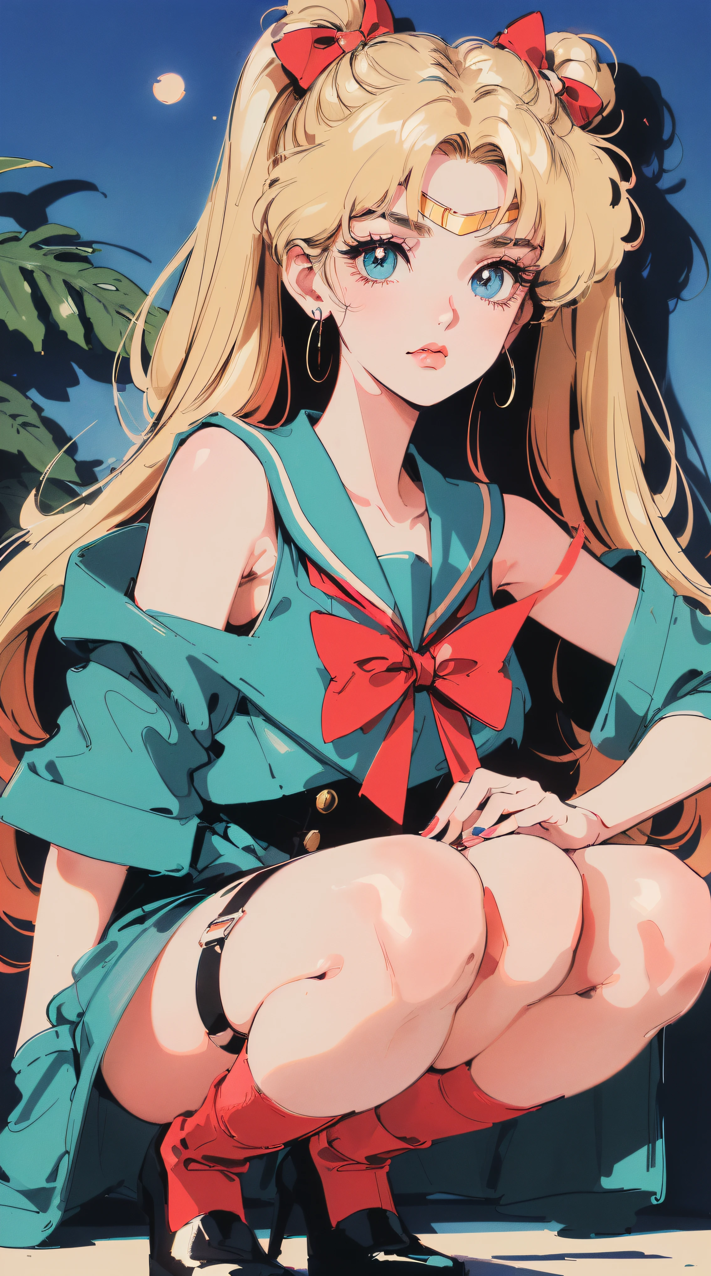 ((((blonde haired girl with sapphire eyes, sailor venus!!!!!!!!,Minako Aino ,retro anime girl , sailor moon aesthetic, anime vintage colors,Vaporwave style,90's anime style,have the style of folk portraits,chicano inspired retro fashion,renaissance, retro style inspiration retro,snow pieces, fresh and clean appearance,))))(masterpiece:1.2, best quality,top quality,epic quality,UHD), (detalhes intrincados),((head tilts,hands in pockets,squatting,Clavicle control,lip biting,)) 1girls, solo,minimal makeup, tecidos naturais,adolescent,under-aged,young face, cara travessa,((blur background,)) ((((In the background of leaves ,with shadow,))))blueberry hair,{long hair|Clearly visible hair|natural curved|long twintail|supple hair},claros, franja, franja na testa,incredibly_absurdres pupils,saia plissada, (((sagging breasts,red bow on front))), face madura, detailed face, ((ultra-detailed, Sun glare, Bokeh:85mm)), (geometric:1.2),)), ((bare shoulders,frills,short sleeves,Dark and pink dresses,thigh ribbon,garter_belt,))ray tracing,god lighting,god ray)),((extremely_Detailed_Eyes_and_face)),(Beautiful and aesthetic: 1.2),Brilliant,unbelievable Ridiculous quality,)),((extremely_Detailed_Eyes_and_face)),(Beautiful and aesthetic: 1.2),Brilliant,Ultra-precise depiction, Ultra-detailed depiction,Bokeh (85mm Shot),