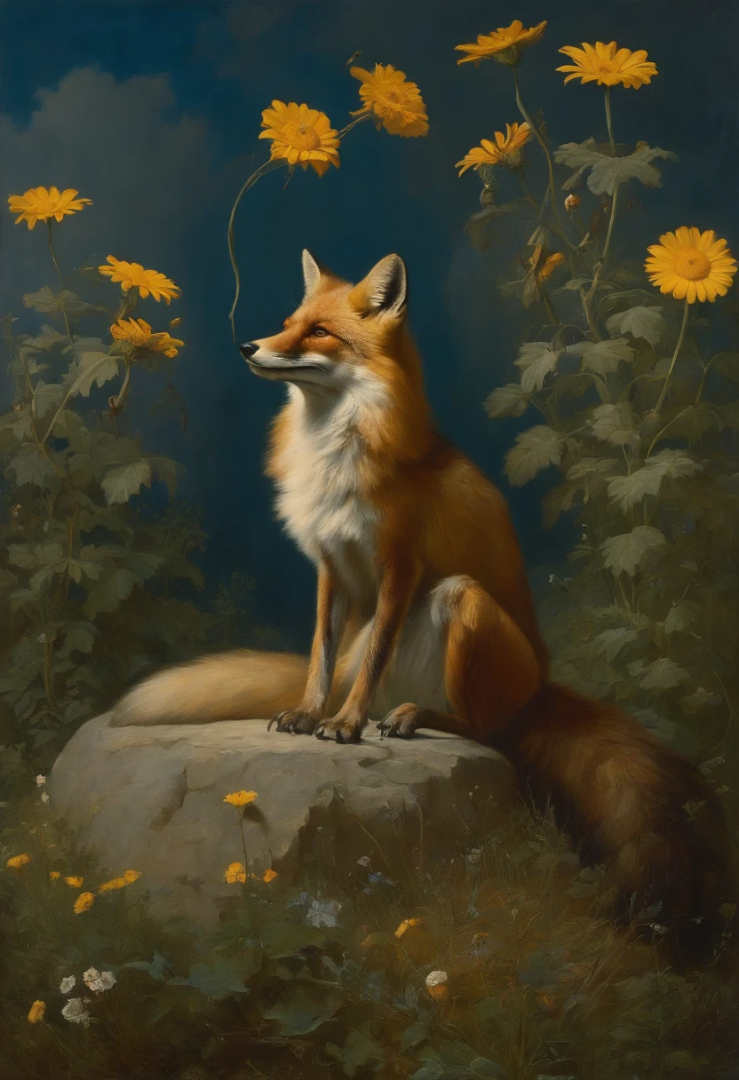 A crying fox lies on the flowers (by crushing the flowers) and reaches out to the huge daisy in front of him. The daisy does not look at him, he watches the butterflies in front of him. The daisy has a human face, by Jean-Léon Gérôme, kramskoi, kramskoi 4 k, crows as a symbol of death, by Julius Klinger, carl gustav carus, by Ivan Kramskoi, symbolist painting, hans dahl