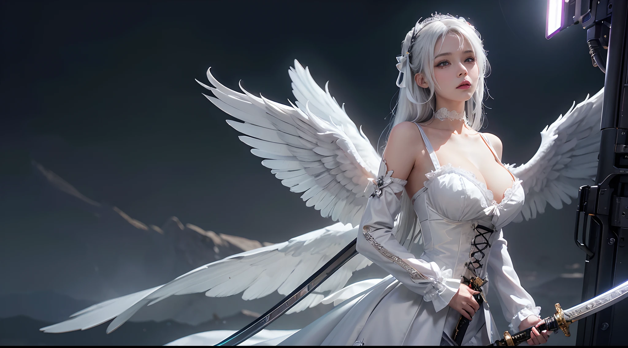 masterpiece,best quality,highly detailed,8k resolution,Tyndall effect,Moody Lighting,exquisite facial features,shiny skin,prefect face,cyberpunk,adorable girl,day,lolita_fashion,((medium breasts)),flower ribbon,White hair,The back bears silvery-white bone wings,Lori huge breasts cleavage,(Wearing Lolita),(Bone sword in hand),girl,solo person,faeries,sci-fy,(wings),angel girl,Large volume of fluffy hair,shairband,hair pin.