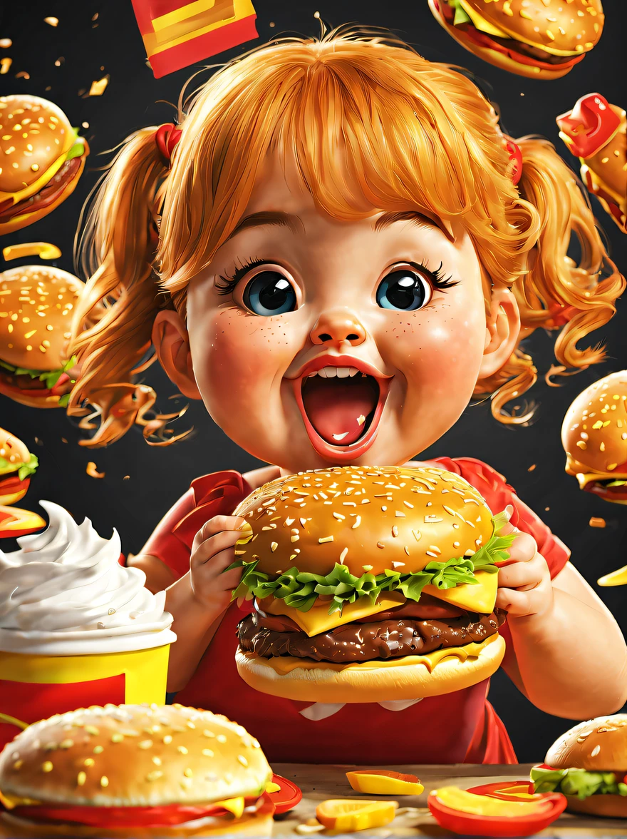 (Poster of cute fat  girl eating Big Mac burger), (Open your red mouth), Playful little freckled face，（with short golden hair, Fair and shiny skin，The expression of laughter, Exaggerated expression,（Correct perfect hand），
deep dark background, High-quality photos, Delicate skin,, Studio photos, (Lots of smoke: 1.2),close up photograph,Clear facial features,concept art of character,Exaggeration, ,Cartoon,kawaii,Photorealism,rendering by octane,corona rendered,rendering,High detail,hyper qualit,high resolution,hyper photorealism,trending on artstationh,8K16K,Close-up(CU),closeup cleavage, --Original style