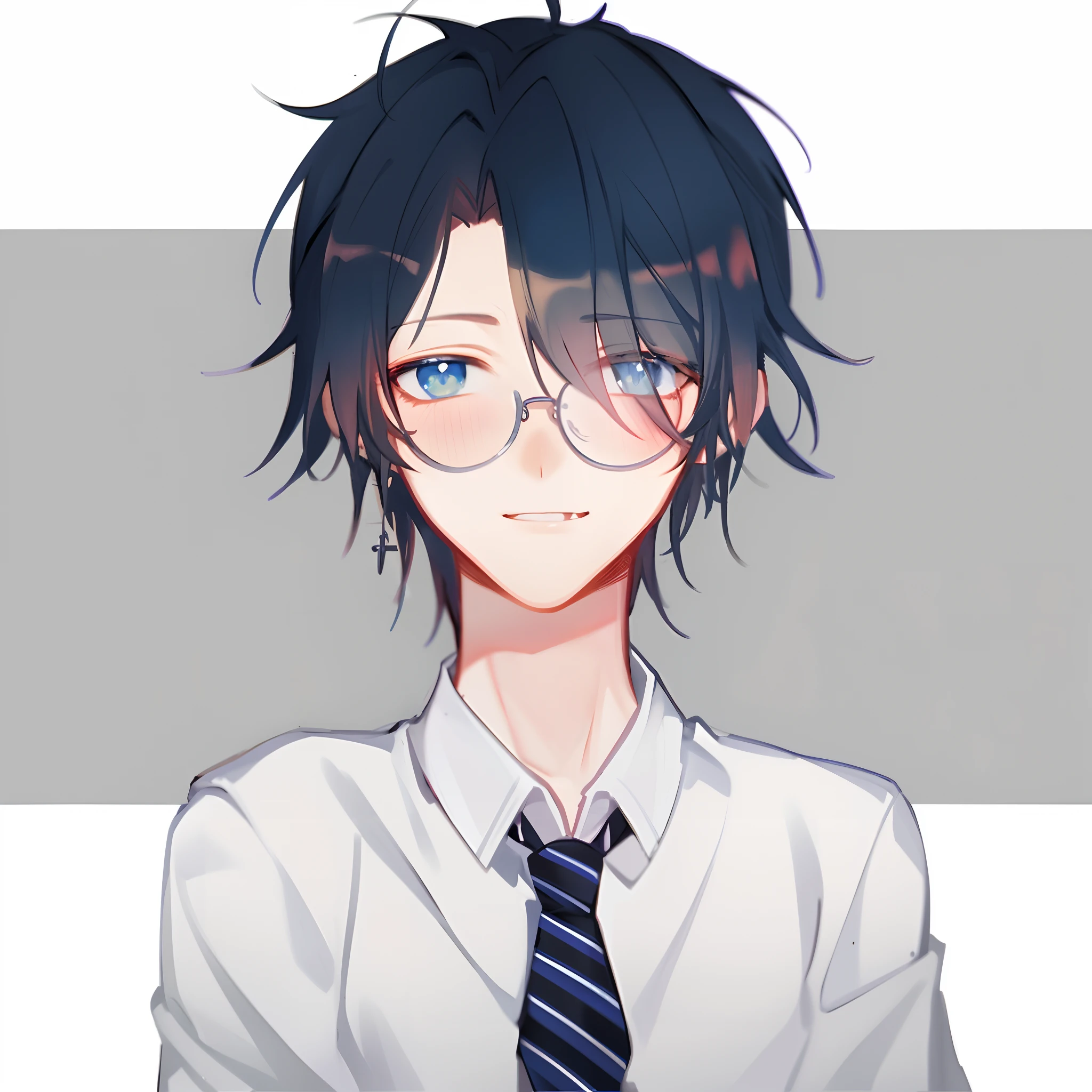 anime boy with blue hair and glasses wearing a tie, 2 d anime style, anime moe artstyle, 2 d anime, tall anime guy with blue eyes, young anime man, [[[[grinning evily]]]], sayori, anime boy, inspired by Okumura Togyu, made with anime painter studio, high quality anime artstyle