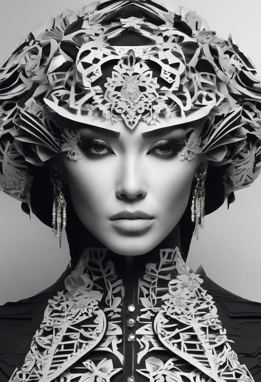 future style,striking eyes,intricate details,strong women,black coordinated, influential personality, individualistic, special makeupBlack and White skin, dark color dress cyborg face wearing posing with flair.