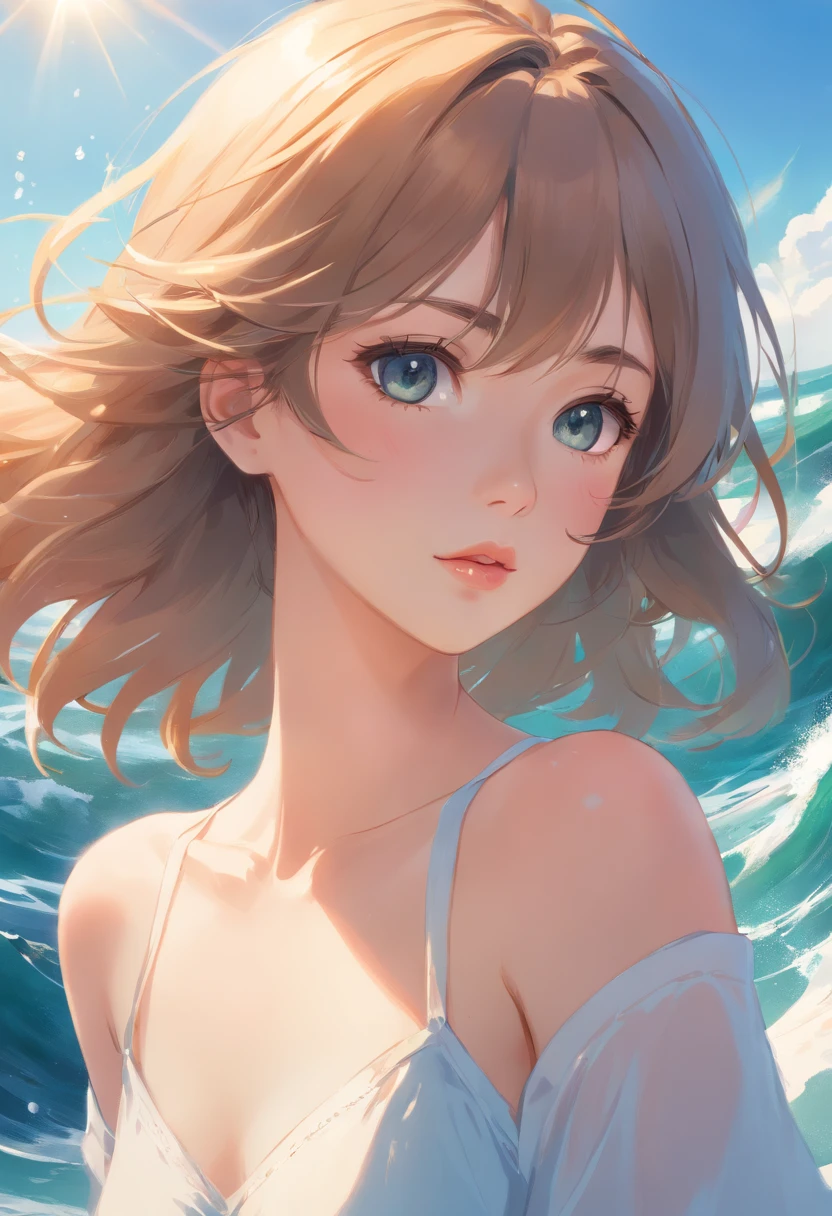 Unbeatable masterpiece, surreal 8K, perfect artwork, super detail, best quality, masterpiece 4K wallpaper aesthetics, masterpiece, award-winning artwork, official art, cinematic lighting. (Great work: 1.3), (Best quality: 1.1) (Masterpiece: 1.3) This is a masterpiece of female portraiture and is considered a masterpiece. The woman in the painting is charming, sexy and enchanting. Her face is delicate, her lips are delicate and soft, she is richly dressed, her white gold trim shines, and her hair is carefully trimmed, as if it were a perfect work of art. The background is a sun-drenched sea, with waves crashing against the reef, as if blending in with the sensuality of women, presenting a dynamic seductive visual effect. _v47:1>。