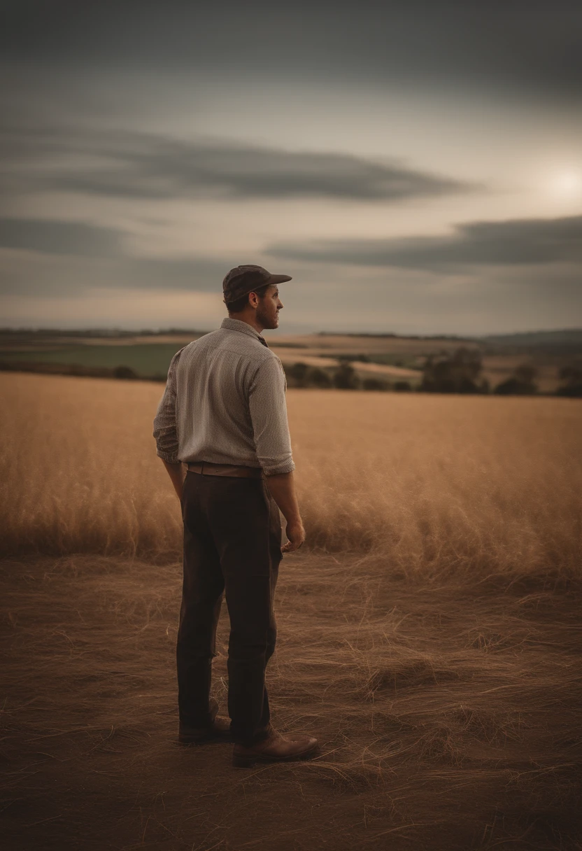 Silhueta de um homem que trabalha nos campos, against the radiant sunset, captured from a distance, vast farm and sky dominating the picture, Well-defined sketch of the lone farmer, Tons dourados quentes, Dedicated workforce, breath-taking sunset, sol descendente, colorfull sky, Shadows Dramatic, Fazenda extensa, fertile lands, beleza rural, agricultor trabalhador, artist's interpretation, 8k, master part, fotorrealismo