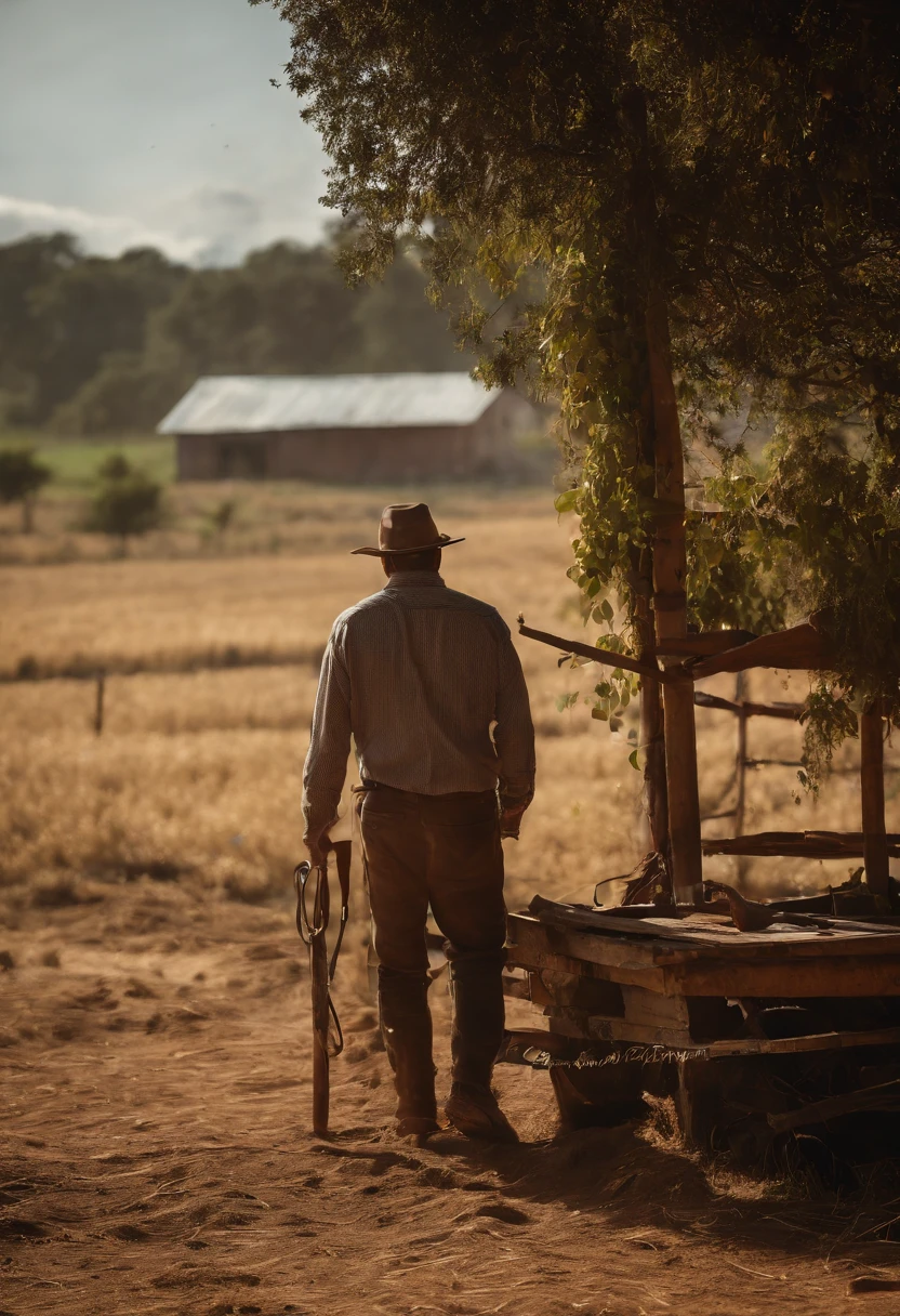 Silhueta de um homem que trabalha nos campos, against the radiant sunset, captured from a distance, vast farm and sky dominating the picture, Well-defined sketch of the lone farmer, Tons dourados quentes, Dedicated workforce, breath-taking sunset, sol descendente, colorfull sky, Shadows Dramatic, Fazenda extensa, fertile lands, beleza rural, agricultor trabalhador, artist's interpretation, 8k, master part, fotorrealismo