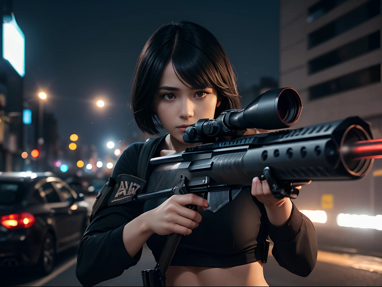 (One Person:1.6), Ultra Realistic Image of a 25 years old British Female Assassin with Wavy Bobcut Black Hair, (Holding a Rifle in Aiming Position:1.6), (Wearing Black Bikini and Black Pants), Detailed City Road at Night, Dynamic Angle, View From Front, Insane Details, Intricate Scene Details, Cinematic Shot and Lighting, Bokeh Effect, Vibrant and Realistic Colors, Masterpiece, Sharp Focus, Ultra Detailed, Taken with DSLR Camera, Realistic Photography, Depth of Field, Incredibly Realistic Environment and Scene, Master Composition and Cinematography