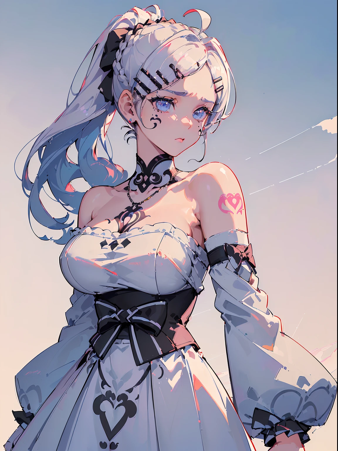 (((((((Vaporwave style,gasping,monochromatic world, using only shades of snowy white and black,facial tattoo,pubic tattoo,tsundere,))))))(((off shoulders,hakama,corset,))) (((star necklace,blush:1.2,baggy cuffs,)))， (geometric:1.1), ((1girl,under-aged,amazing,sharp focus,seductive girl，Solo，from above:1.2))(((Masterpiece,Best quality, offcial art, Beautiful and aesthetic:1.2))),((incredibly_absurdres,Golden ratio,)) (16k),((bust shot,focus on face:1.2,demon,sagging breasts)),(Physically-based rendering),Sharp focus, (((highdetailskin))),Intricately detailed clothing，Delicate pupils,heart pupilsreflected pupils,danfeng eye,((((detailed hair|middle hair|long bangs|Long bold side bangs|top bow|huge ahoge|high ponytail|french braid)))),Slender,(masterpiece sidelighting),(The sheen),(beautiful hair,beautiful eyes,）((unbelievable Ridiculous quality,blur background,sakura trees)),((extremely_Detailed_Eyes_and_face)),Movie girl,(Dynamic configuration: 1.2),Brilliant,Glossy, (Photorealistic), ((hairclip)), two-sided fabric,disheveled hair,Ultra-precise depiction, Ultra-detailed depiction,