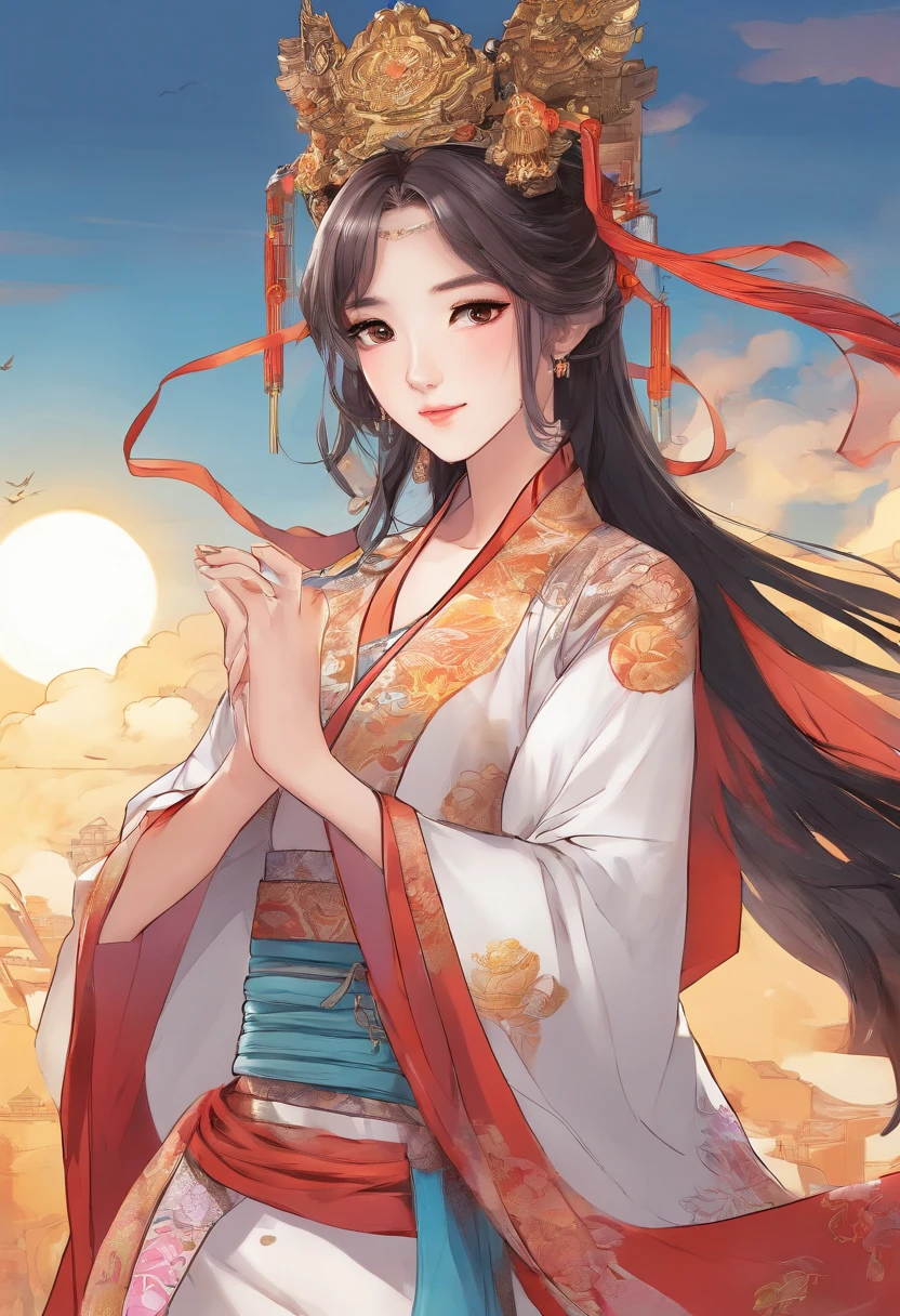 A girl, ancient Chinese costume, whole body, sunshine, clear face, clean white background, masterpiece, super detail, epic composition, ultra HD, high quality, extremely detailed, official art, uniform 8k wallpaper, super detail, 32k