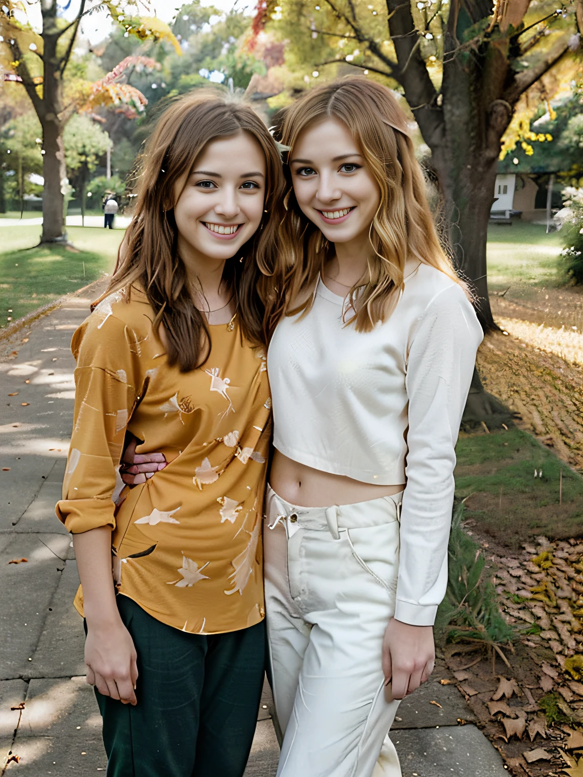 "On a picturesque sidewalk, lined with majestic trees adorned in fiery autumn leaves, two friends stood side by side. Dressed in simple shirts, long pants. They soaked in the golden hues of the season, their smiles radiating warmth and happiness. With laughter in their eyes, they leaned close together, capturing a playful selfie against the backdrop of nature's kaleidoscope of colors. The gentle breeze rustled their hair and the leaves around them as they immortalized their cherished friendship in a single snapshot, forever preserving the joy and warmth of that autumn afternoon." detailed background, avril lavigne hayley williams, blue eyes