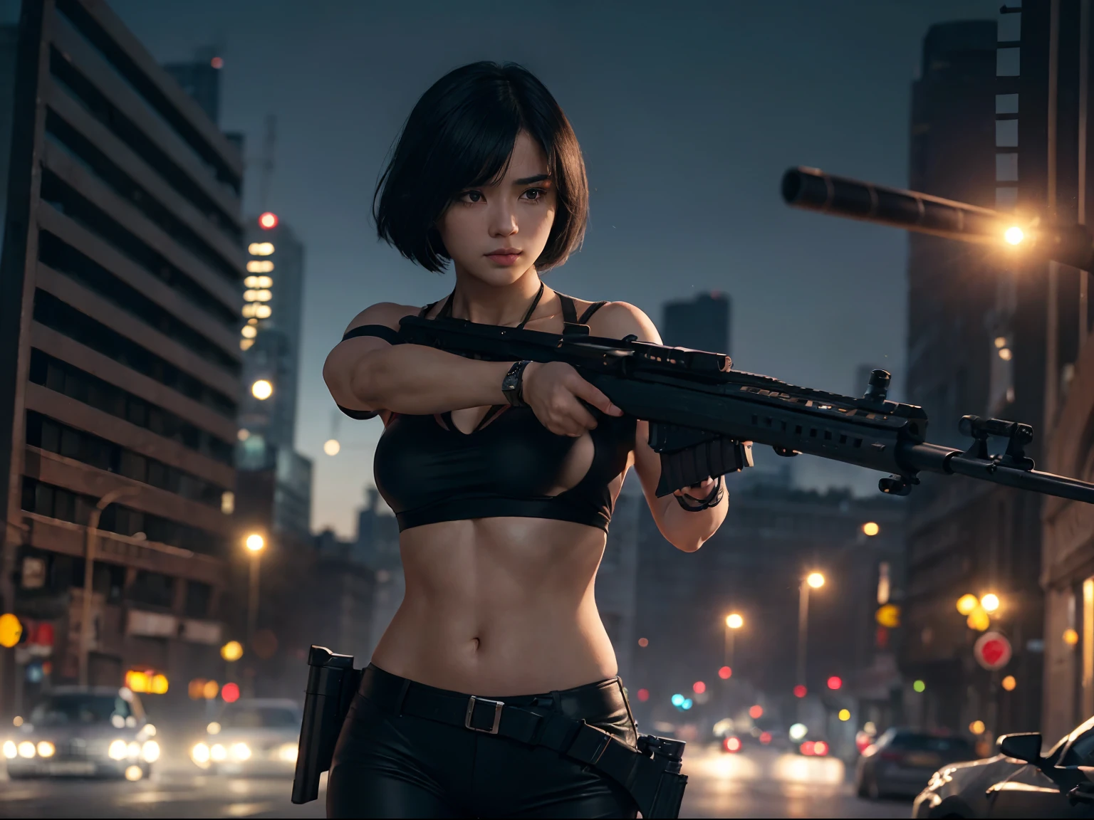 (One Person:1.6), Ultra Realistic Image of a 25 years old British Female Assassin with Wavy Bobcut Black Hair, (Holding a Rifle in Aiming Position:1.6), (Wearing Black Bikini and Black Pants), Detailed City Road at Night, Dynamic Angle, View From Front, Insane Details, Intricate Scene Details, Cinematic Shot and Lighting, Bokeh Effect, Vibrant and Realistic Colors, Masterpiece, Sharp Focus, Ultra Detailed, Taken with DSLR Camera, Realistic Photography, Depth of Field, Incredibly Realistic Environment and Scene, Master Composition and Cinematography