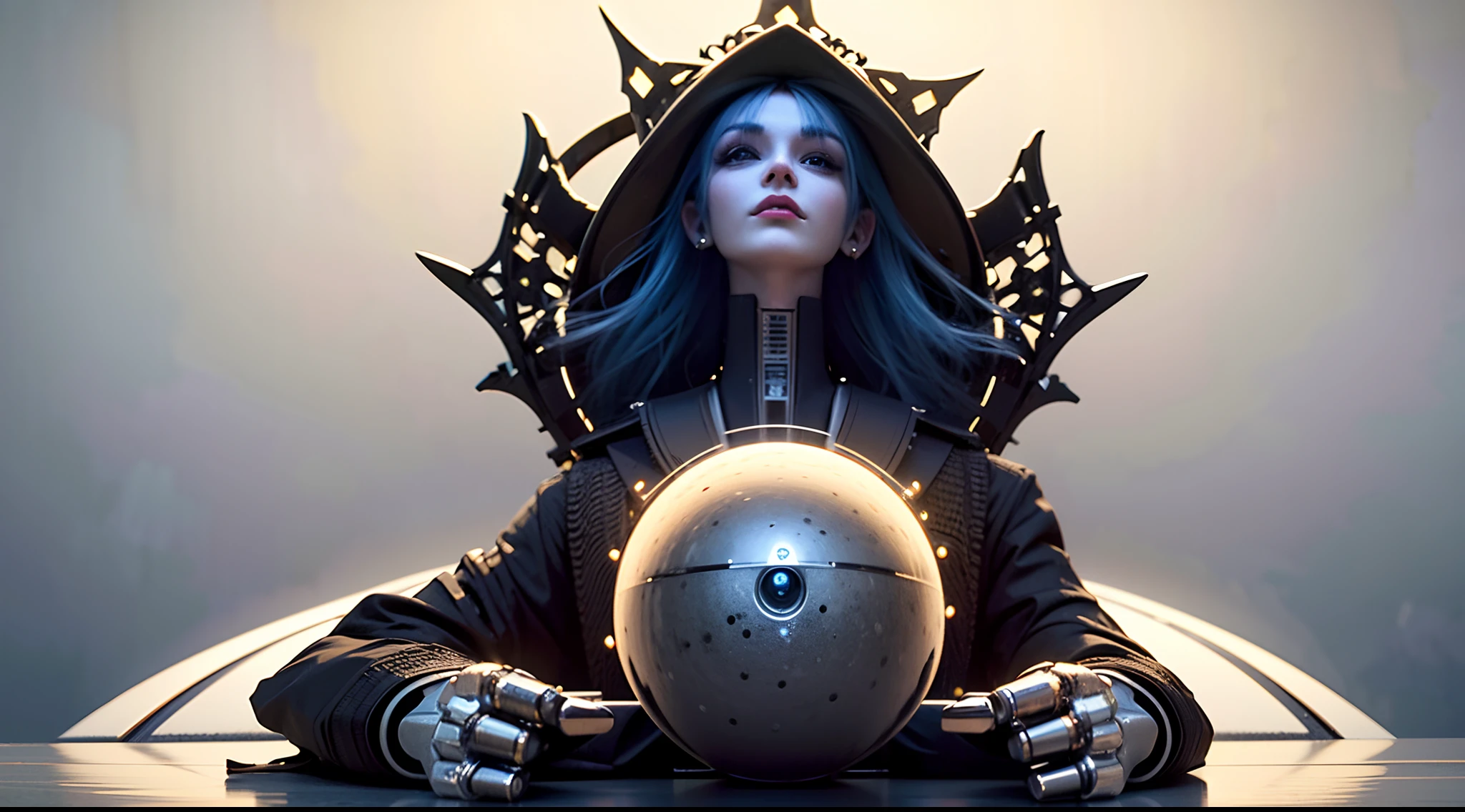 Complex ultra-detailed 3D rendering of a beautiful porcelain woman profile, Cara de Android, ciborg, Robotic Parts, 150mm, hermosa luz de estudio suave, Luz de borde, Detalles vibrantes, Ciberpunk de lujo, encaje, hiperrealista, Anatomical, facial muscles, electrical wires, microchip, Fondo elegante y hermoso, renderizado de octanaje, h. r. Estilo Giger, 8k, La mejor calidad, Obra maestra, illustration, extremadamente delicado y hermoso, extremadamente detallado, CG, Unidad de papel tapiz (realista, fotorrealista: 1.37), asombroso , Detallado, Obra maestra, La mejor calidad, Arte Oficial, fondo de pantalla CG 8k extremadamente detallado, absurdo, Incredibly absurd, robot, Casco plateado, cuerpo completo, sentada