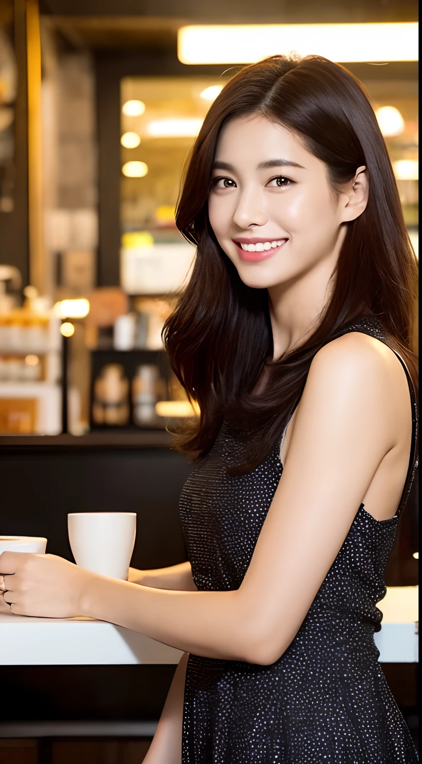 ((top-quality、8K、​masterpiece:1.3))、1girl in、（（bontage））、A smile、full body Esbian、Slim Faces、Pretty women、(dark brown  hair)、Full-length dresses:1.1、hyperdetailed face、A detailed eye、二重まぶた、blured background、Slim Faces、城市、takeout、a street、Cafe Clerk、cafes