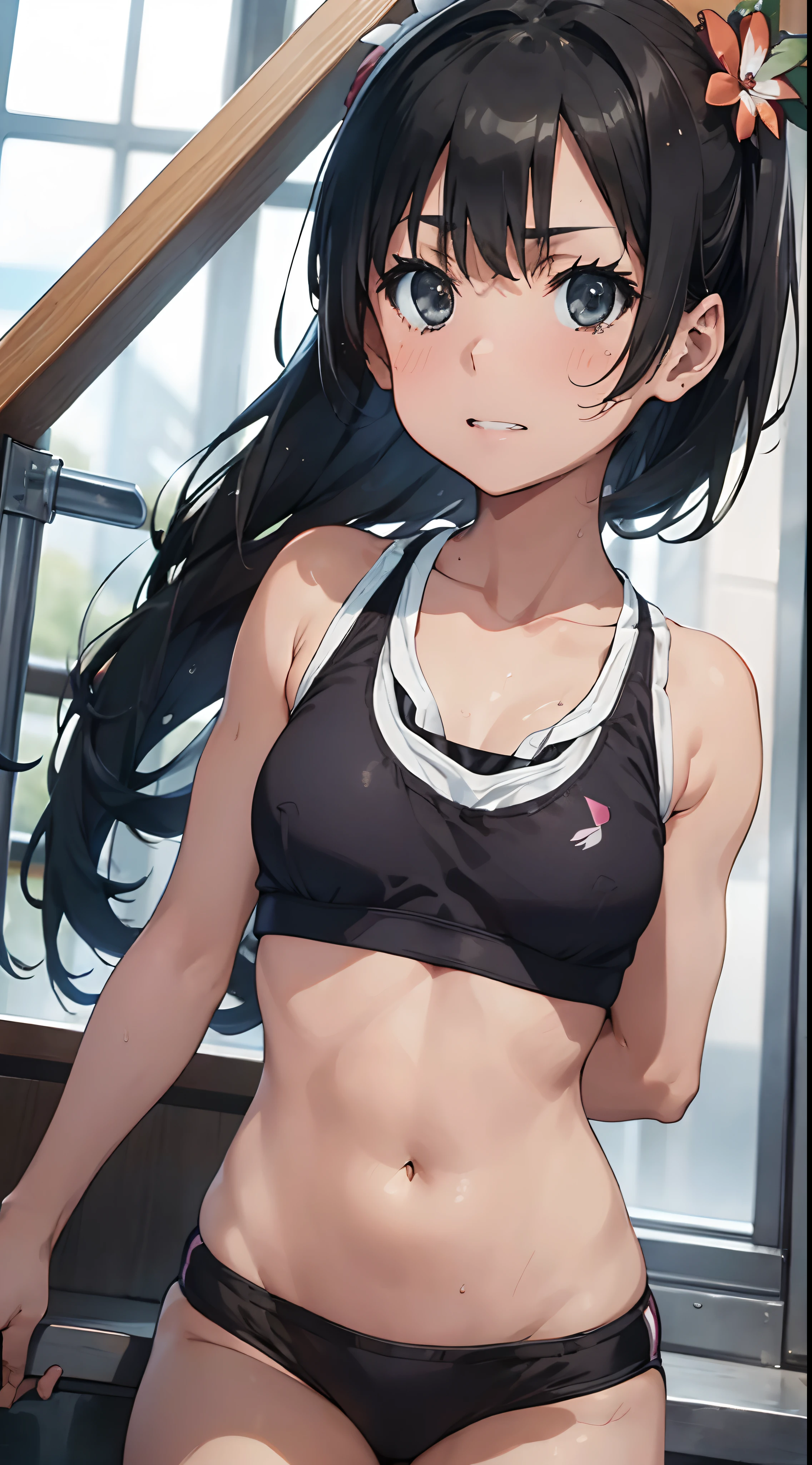 One lady,ar old,anes,(((Sportsbra))),Upper body portrait,A dark-haired,Beautiful ponytail,Wet with sweat,Serious look,Clothes are wet,(((Nariko Saten)))