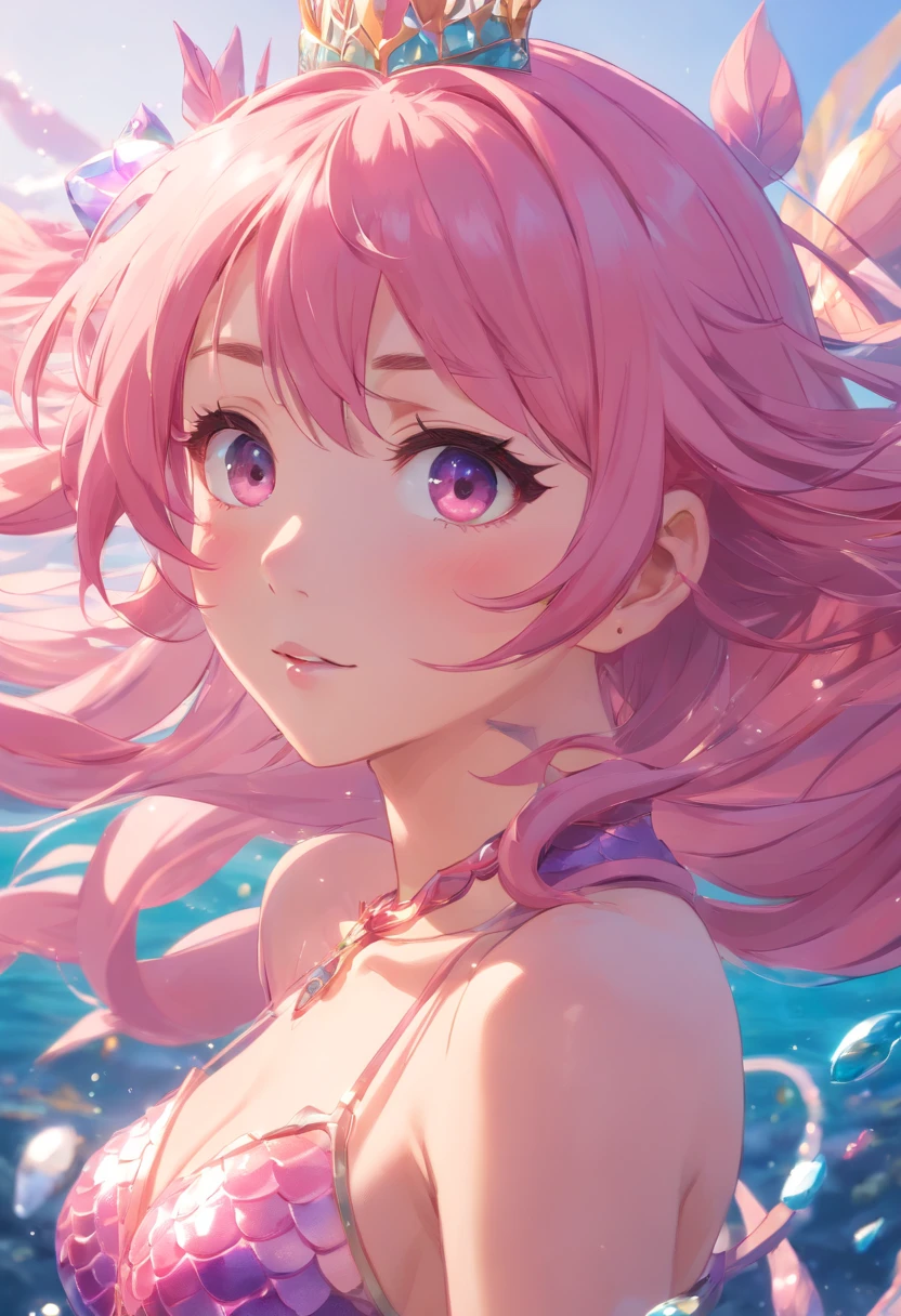 ACG 3D rendering,Pink hair, estrus, mermaid, exposed, dreamy, intricate details, 8k firee embellished tiara,Popular on the art station Imperial Sister