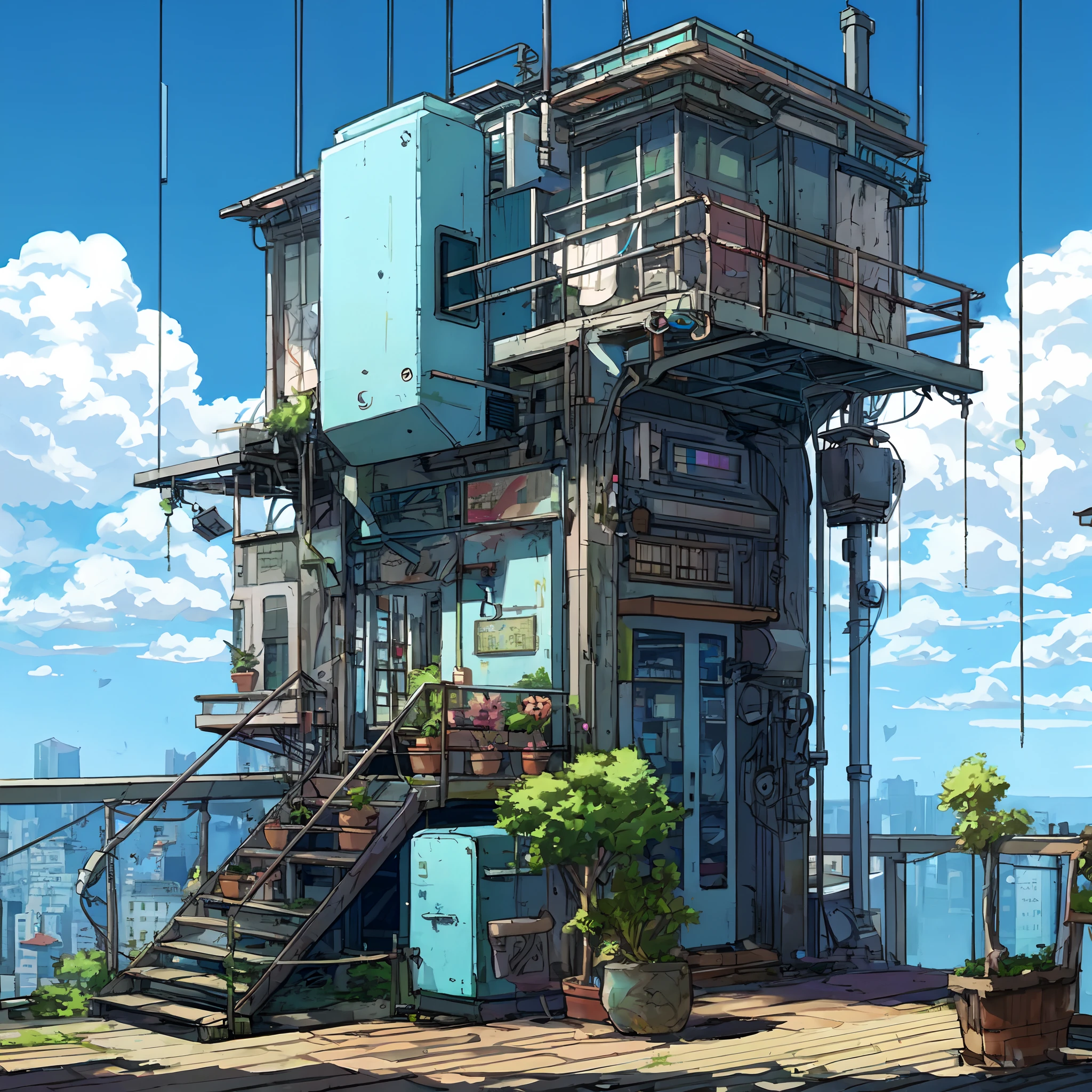 anime - style illustration of a building with a staircase and a balcony, anime style cityscape, ( ( a shot from 180º angle ) ), urban concept art, anime concept hdr anime macmanus, detailed digital concept art, by senior environment artist, digital cyberpunk anime art, anime scenery concept art, very very high detailed, hd anime cityscape, low detailed. digital painting, very high detailed, incredibly high detailed