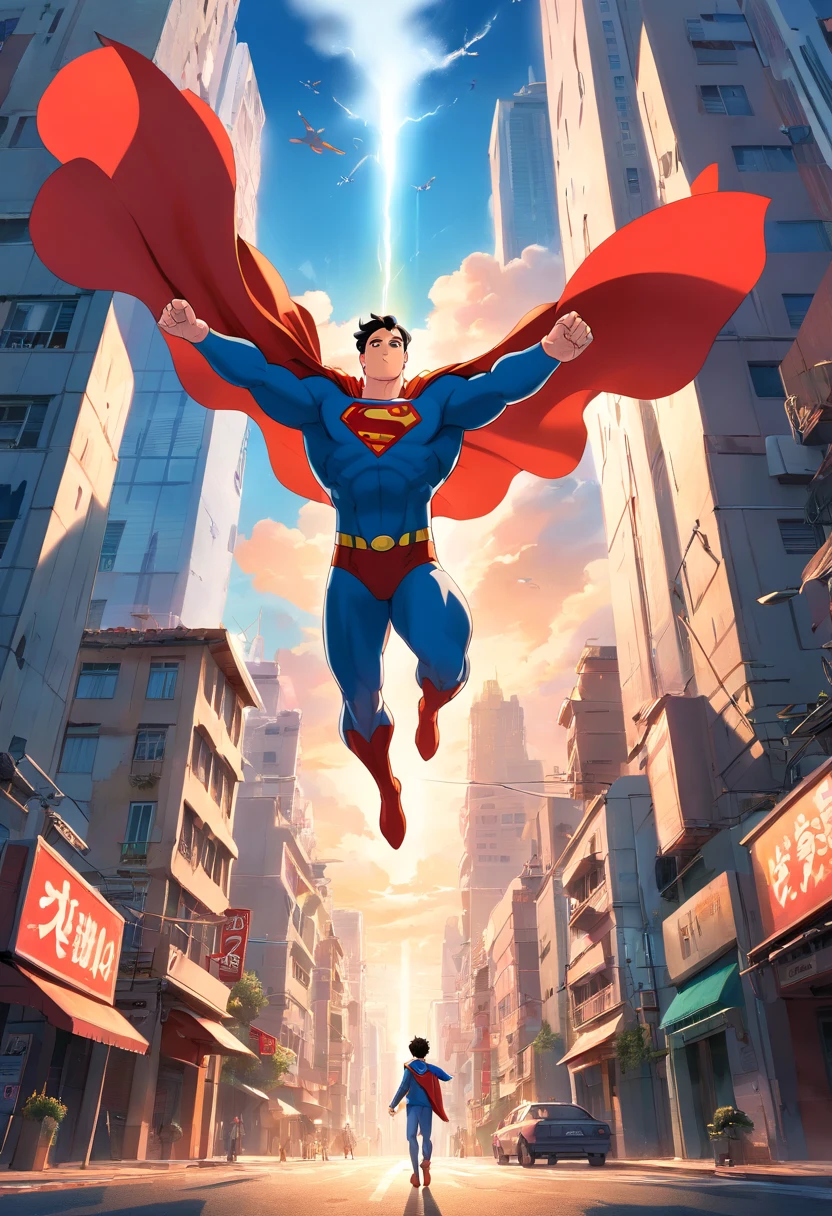 (Altas, Realistic:1.37), superman voando sobre uma cidade movimentada, cores vibrantes, paisagem urbana detalhada, nuvens detalhadas, strong backlighting, heroic pose, cape fluttering in the wind, iconic "s" Logo, tall skyscrapers, ruas movimentadas, Moving Vehicles, janelas de vidro brilhante, Transparent Buildings, Futuristic architecture, People looking up in awe, dynamic compositing, energia poderosa irradiando do superman, foco intenso no rosto do superman, Determined expression, postura confiante, billowing smoke, texturas realistas, sombras e realces enfatizando a profundidade, Luzes realistas da cidade, Dramatic sunset sky, cinematic feel, Iconic superhero