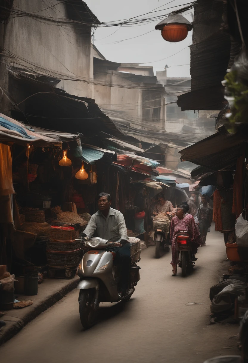 The atmosphere at night in an alley in Jakarta, on the right side there is a fried rice seller, there is a gojek driver waiting on a motorcycle, on the right side there are fried food selling mothers, across from the fried food selling mother there is a chicken noodle cart, the atmosphere of the alley is crowded with buying and selling activities and passing motorized vehicles. Ratio 9:16. Potrait .